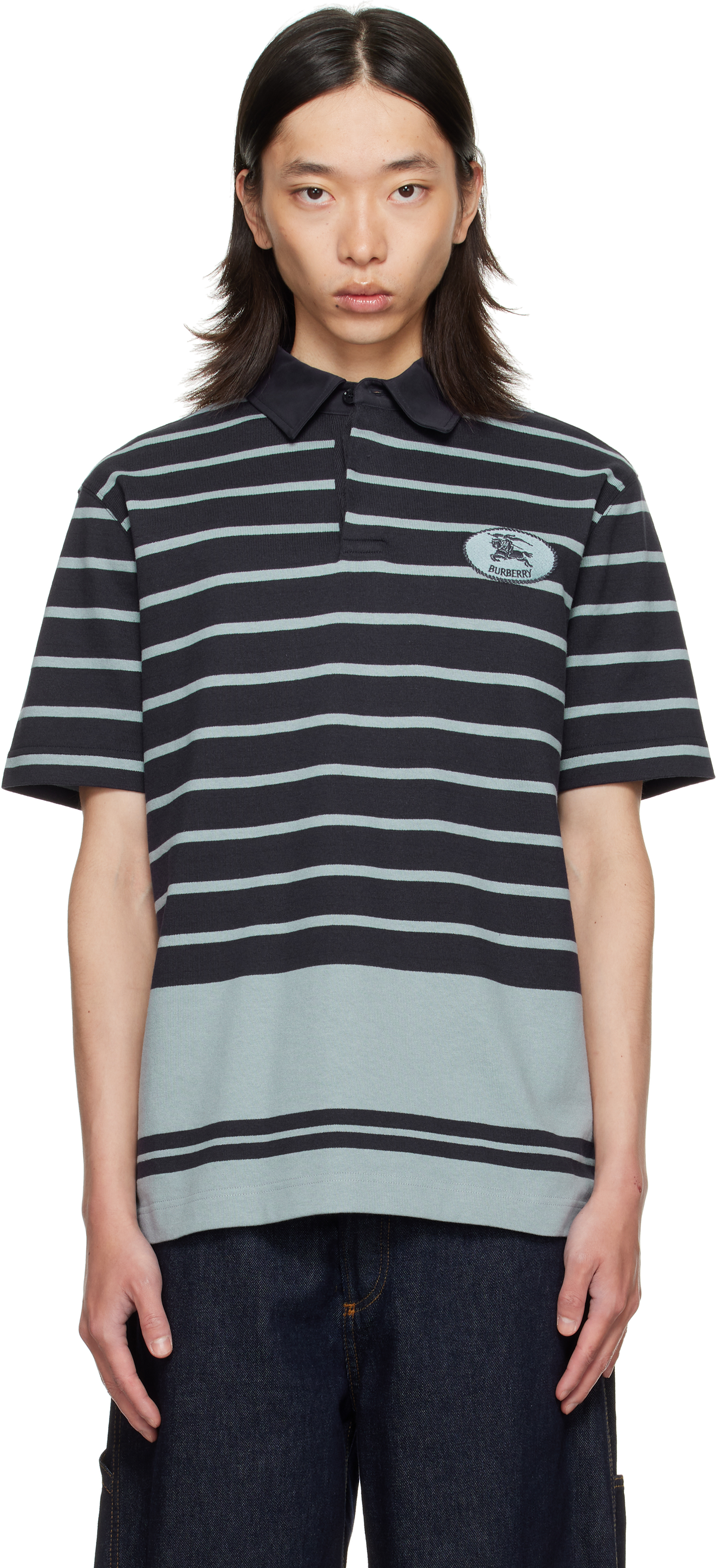 Burberry Navy Index Stripe Polo In Blue