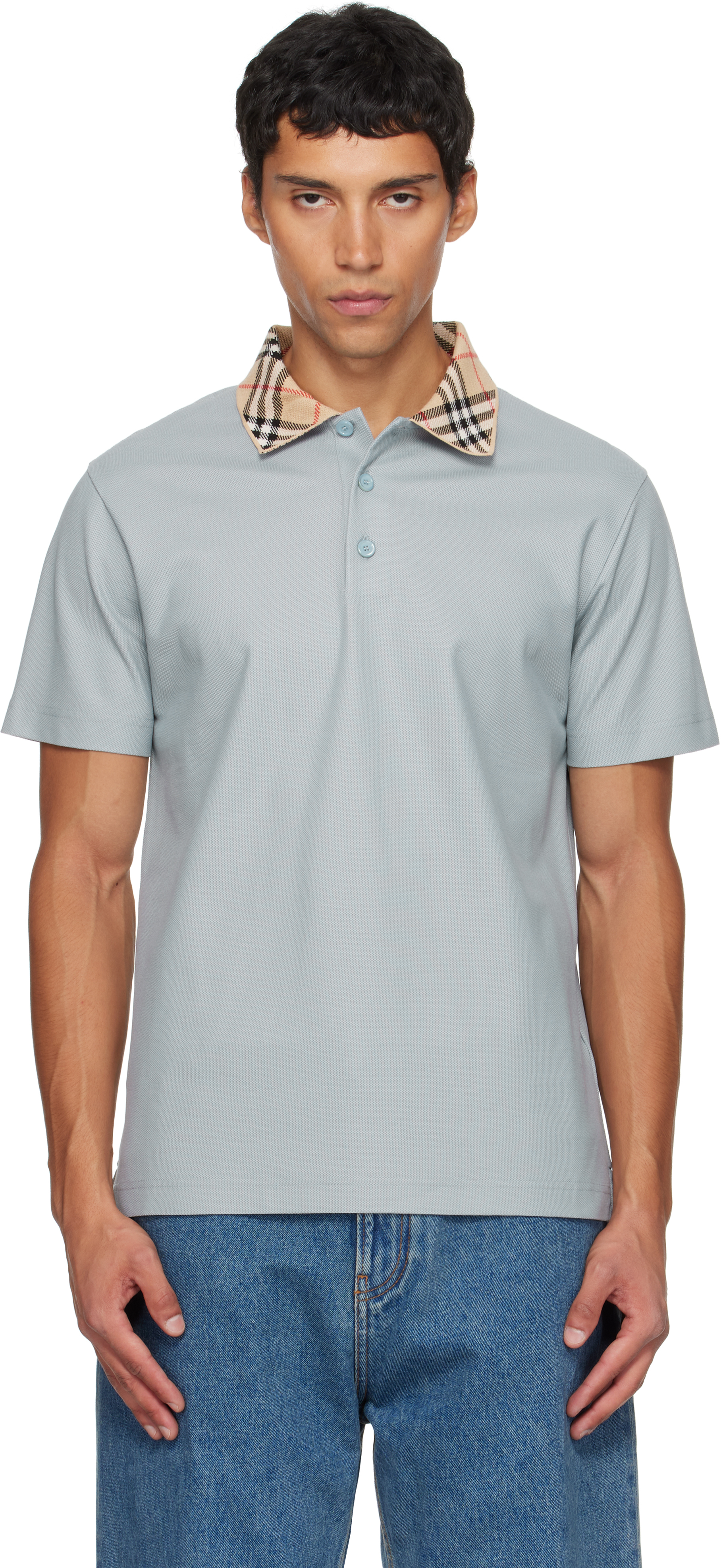 Burberry: Blue Check Collar Cotton Polo | SSENSE