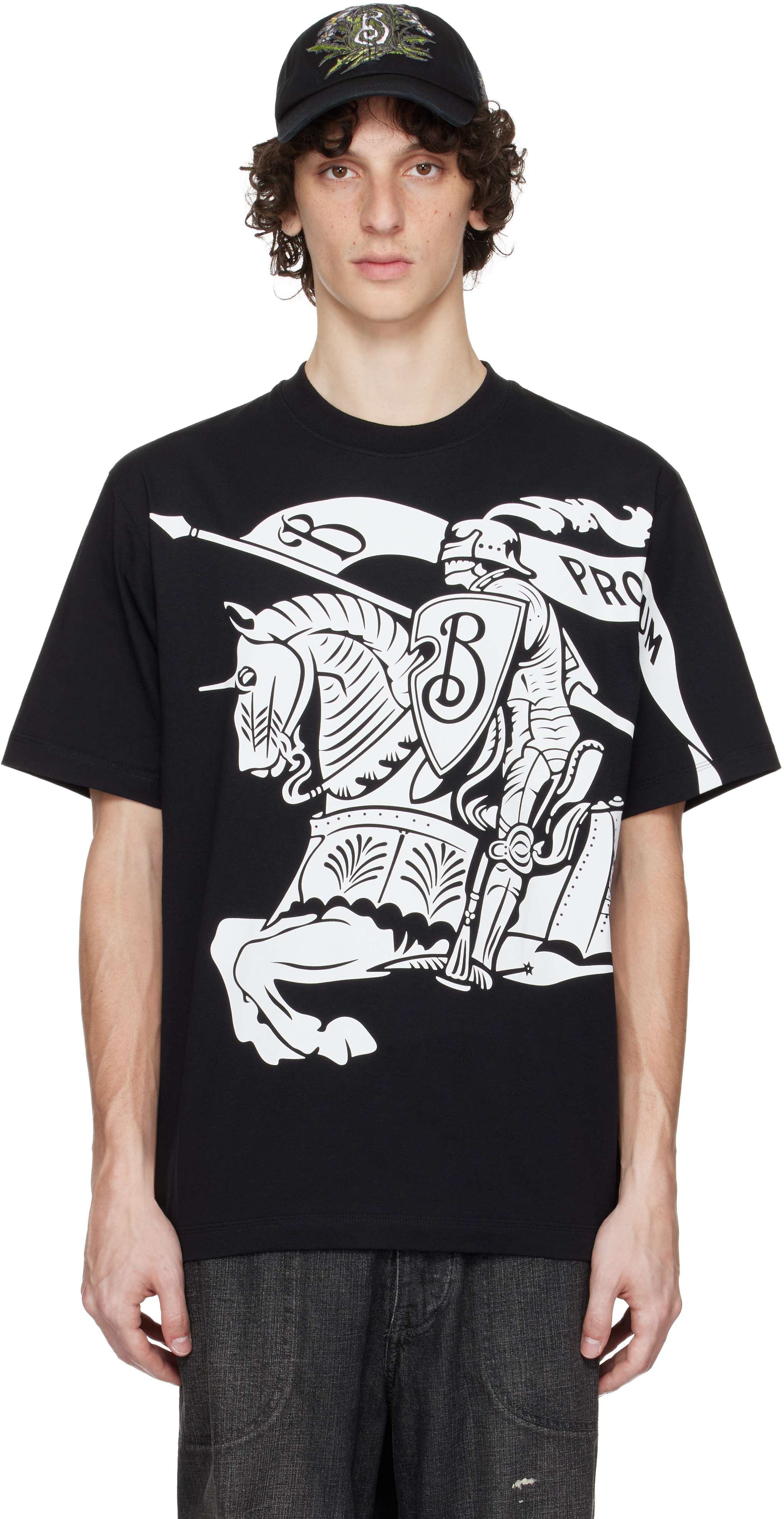 Burberry Black T-shirt With Contrasting Equestrian Knight Print In Cotton Man