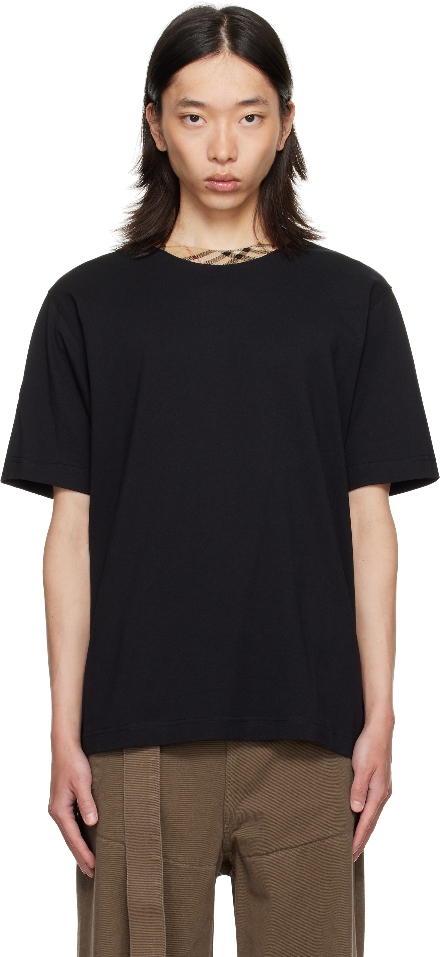 Burberry Black Check Trim Cotton T-shirt