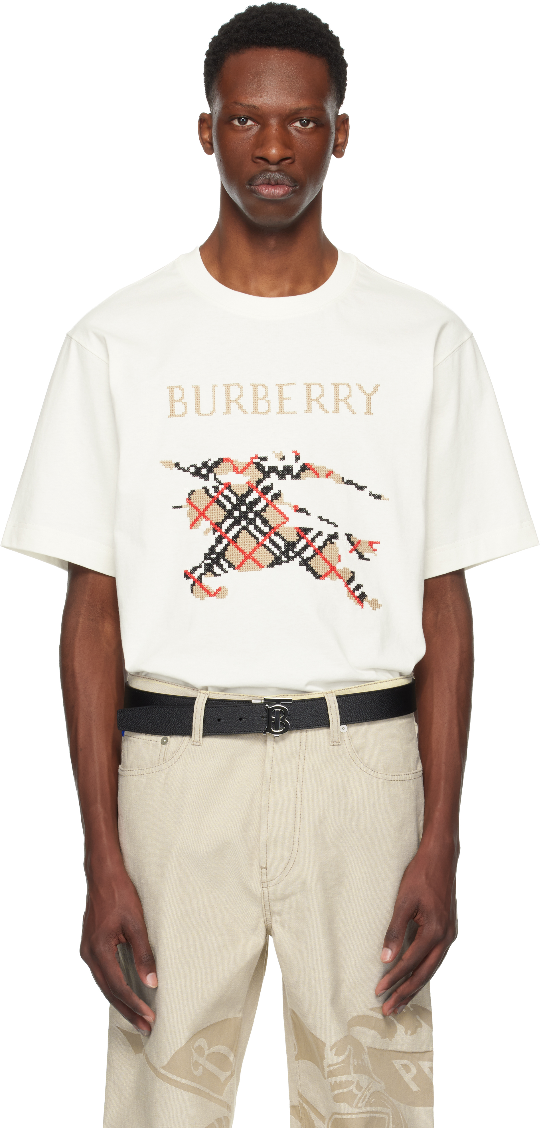 Burberry: Off-White Cross Stitch EKD​ Cotton T-shirt | SSENSE