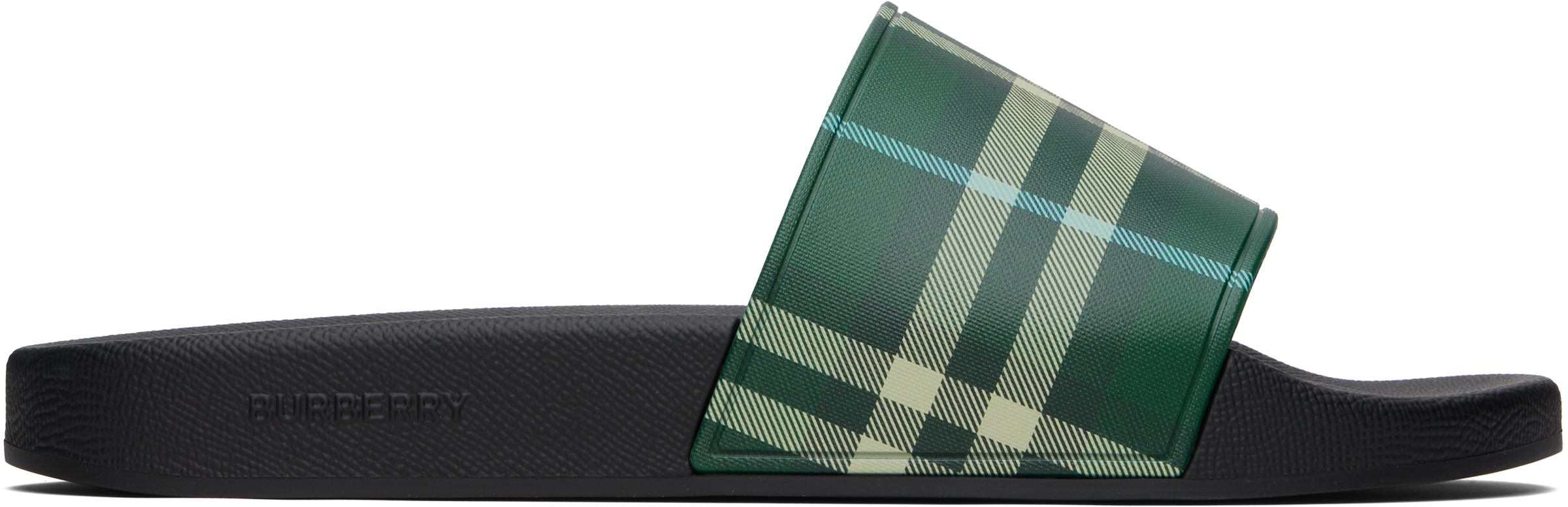 人気!Burberry グリーンチェック プールスライド Burberry: グリーン チェック プールスライド | SSENSE 日本