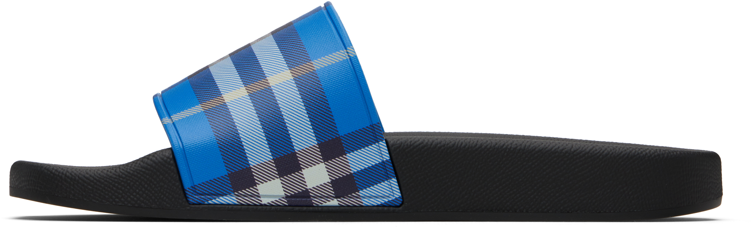 Burberry Blue & Black Check Pool Slides In Blue