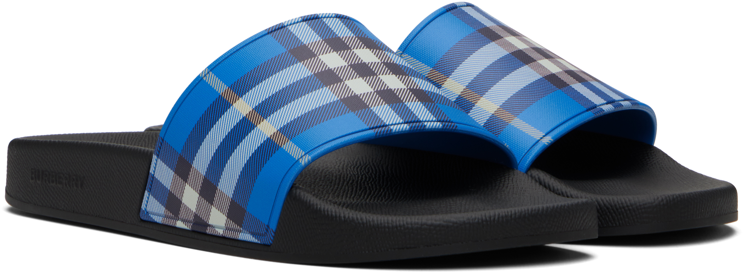 Burberry Blue & Black Check Pool Slides In Blue