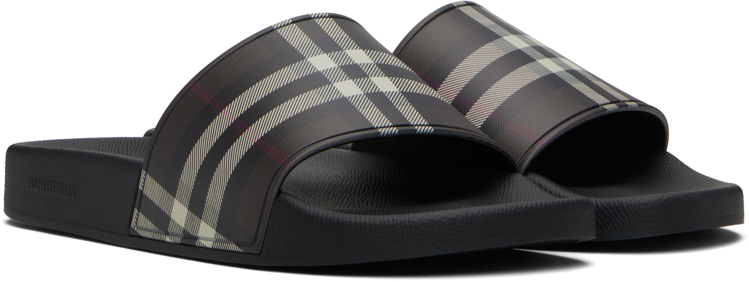 Burberry Brown & Black Check Pool Slides In Black