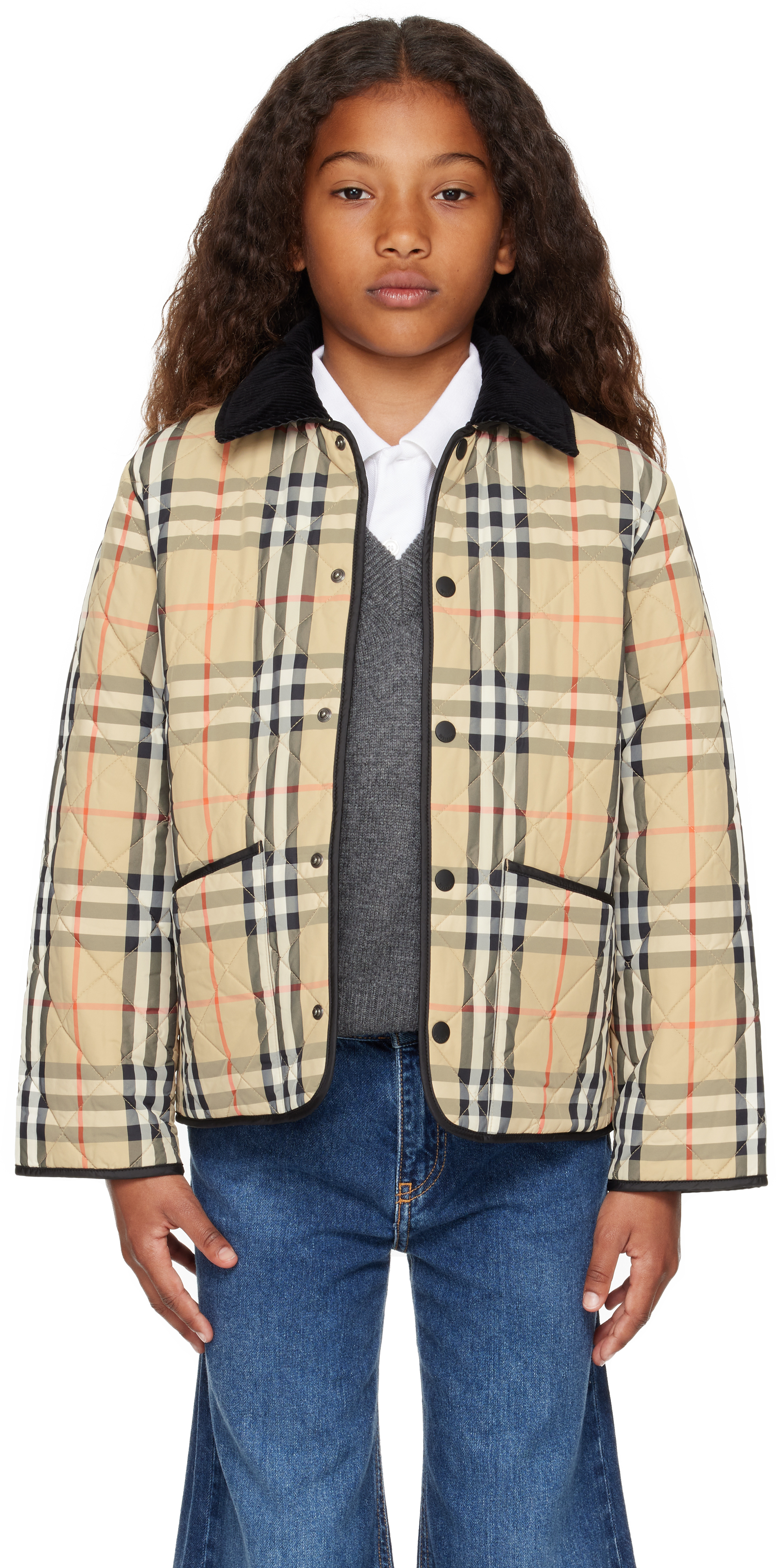 Kids Beige Quilted Check Jacket by Burberry on Sale