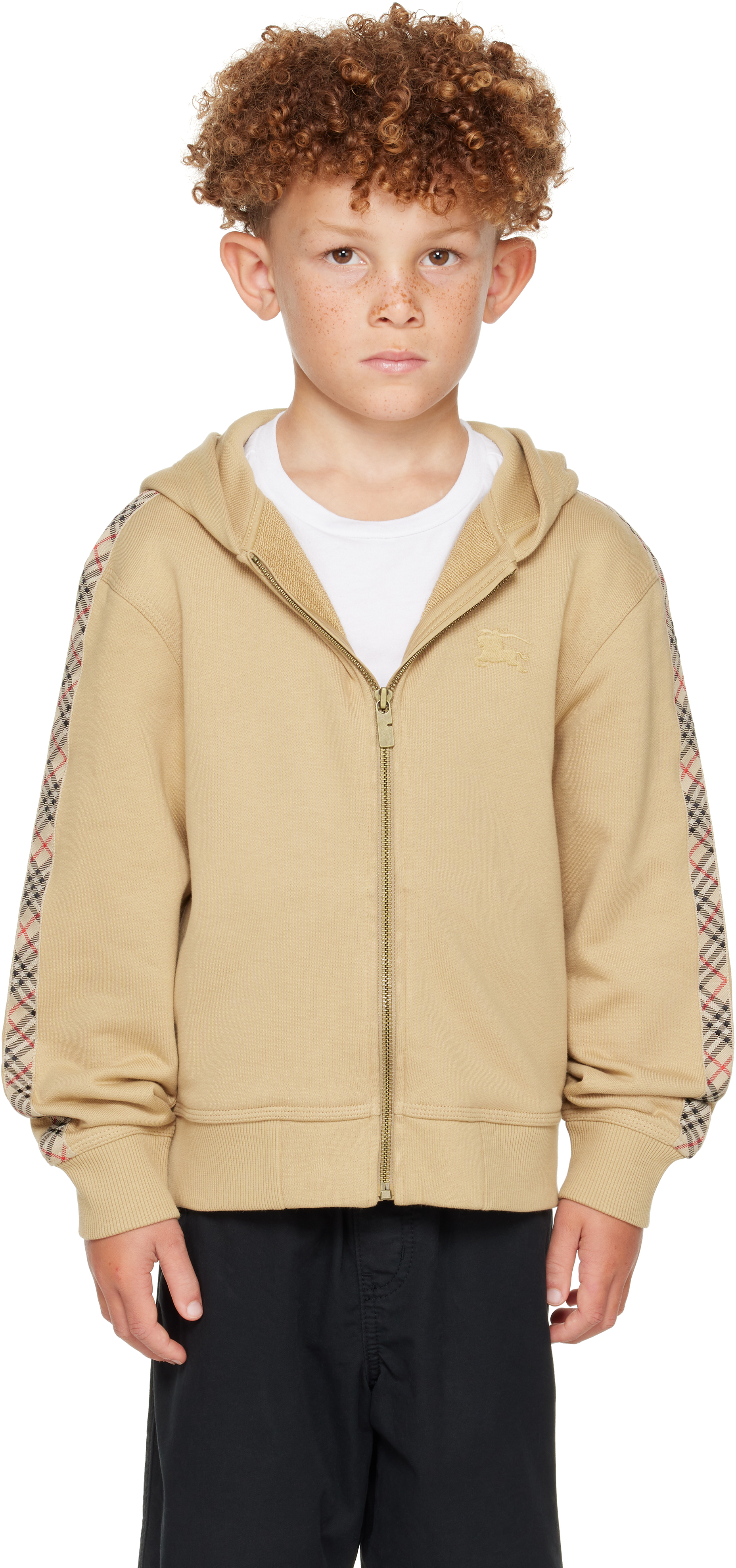 Burberry Kids Beige Check Trim Cotton Zip Hoodie In Brown