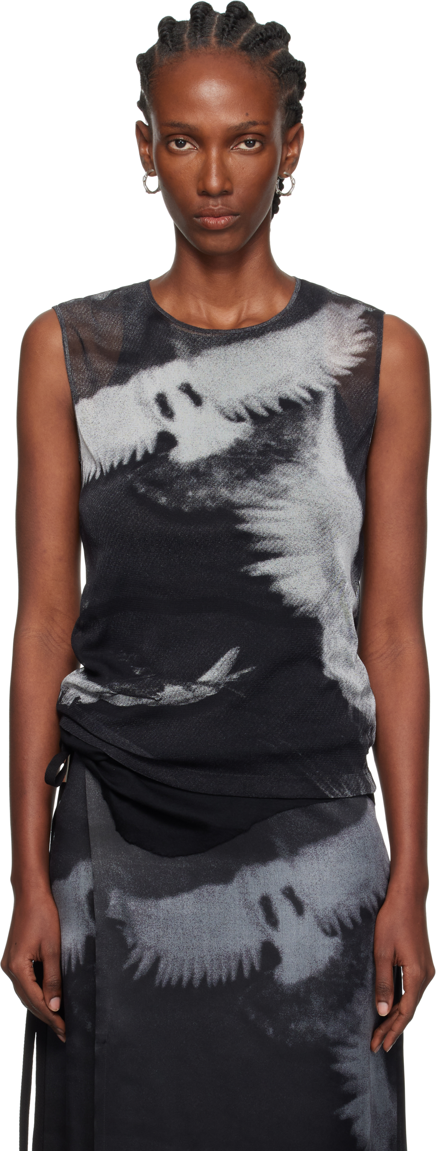 Ann Demeulemeester Black & Gray Doves Printed Tulle Tank Top In Gray