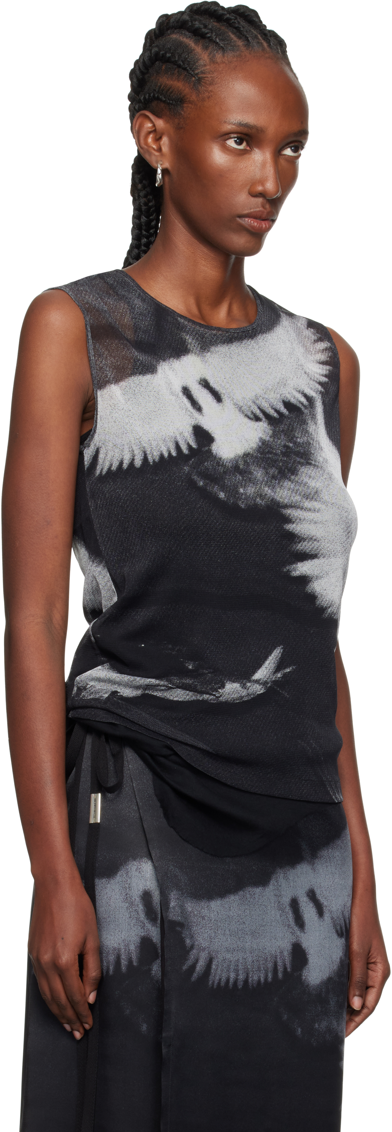 Ann Demeulemeester Black & Gray Doves Printed Tulle Tank Top In Gray