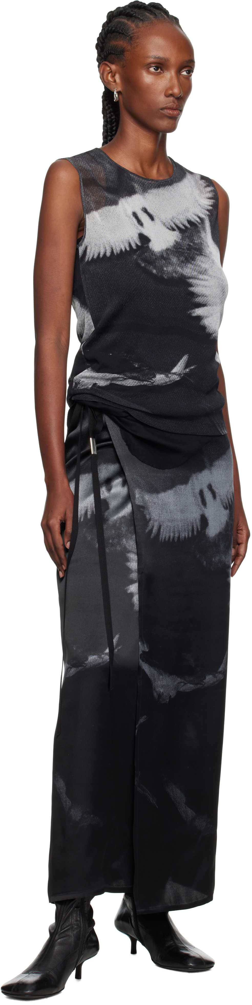 Ann Demeulemeester Black & Gray Doves Printed Tulle Tank Top In Gray