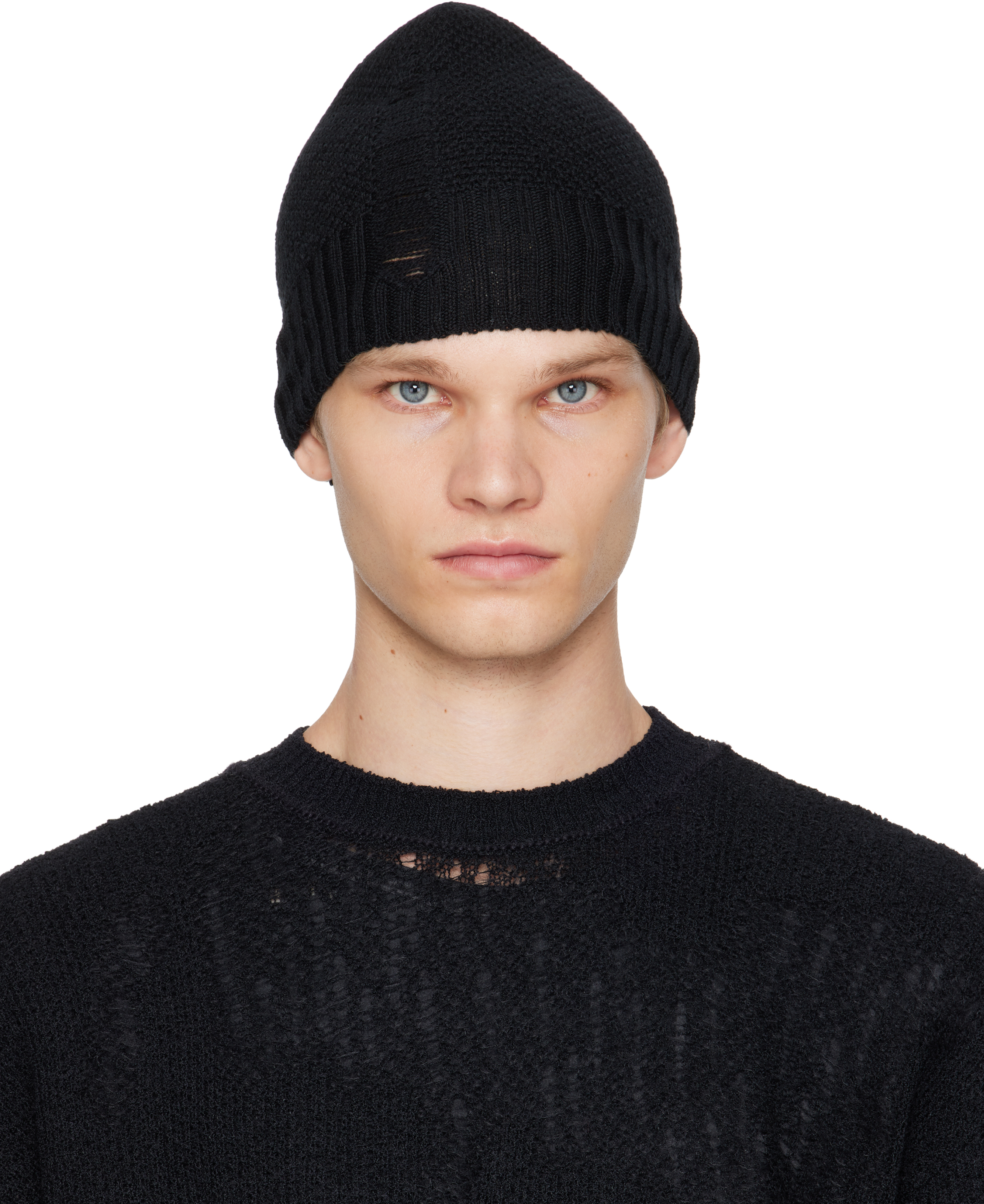 Ann Demeulemeester Black Edon Destroyed Seed Stitch Beanie In Black