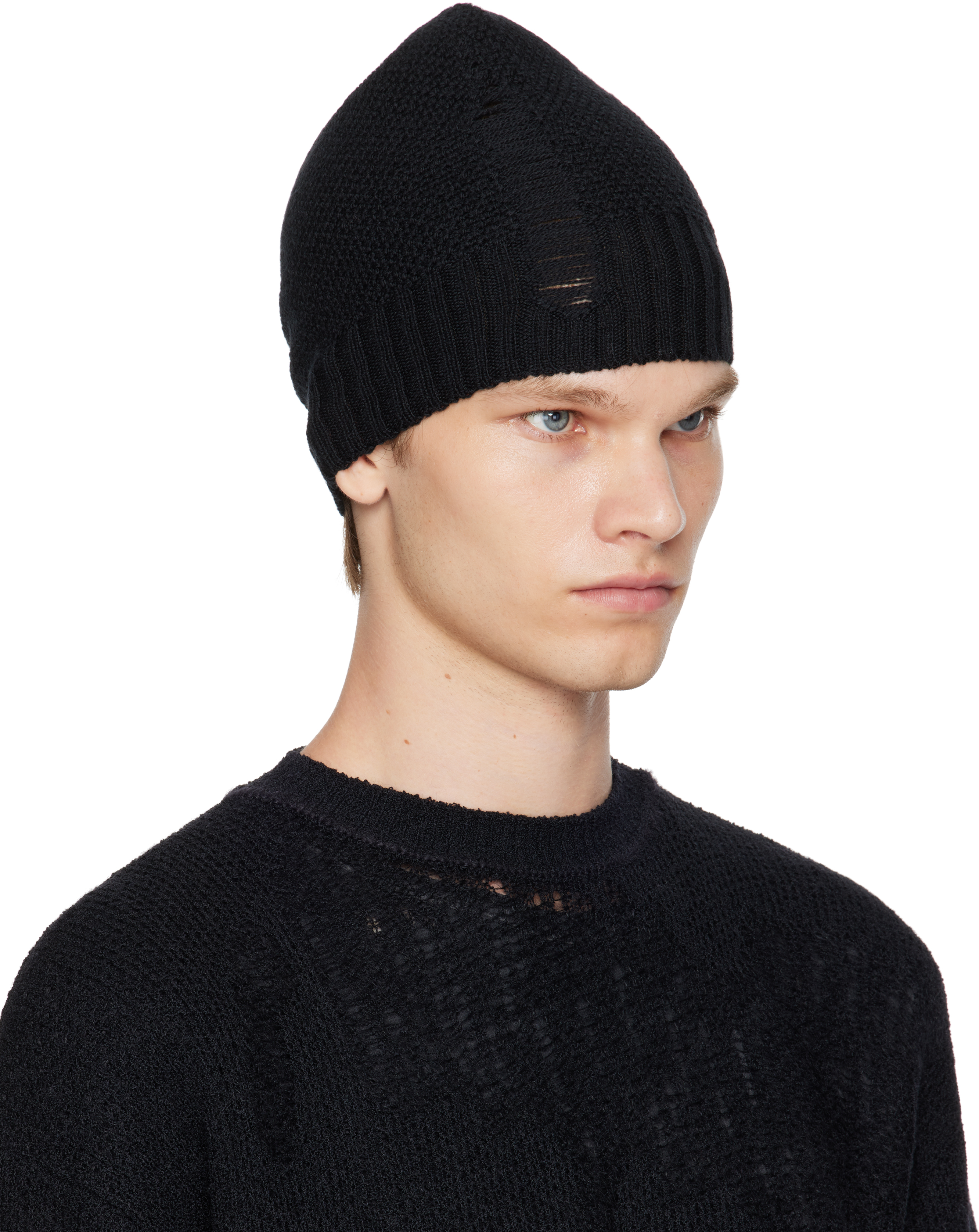 Ann Demeulemeester Black Edon Destroyed Seed Stitch Beanie In Black