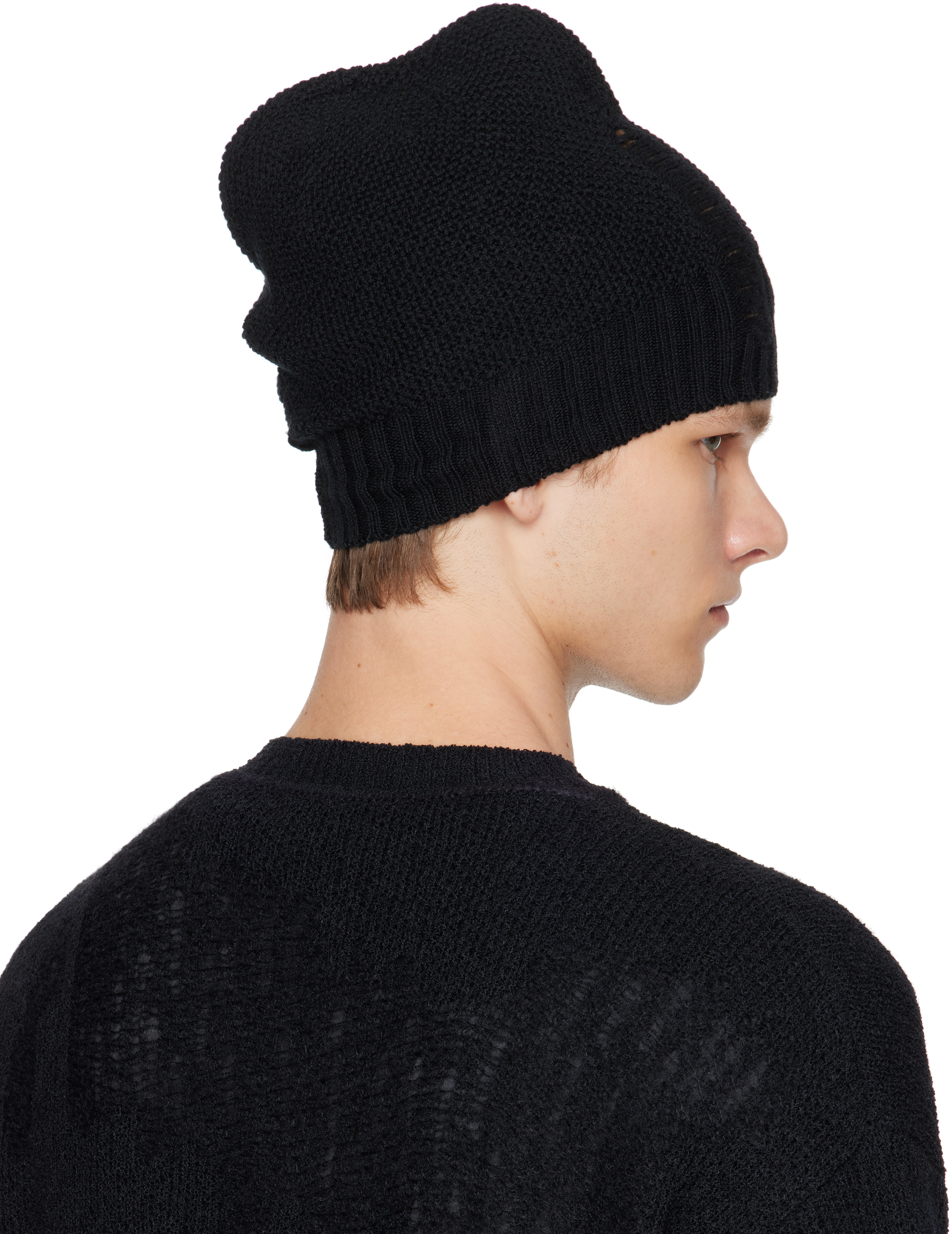 Ann Demeulemeester Black Edon Destroyed Seed Stitch Beanie In Black