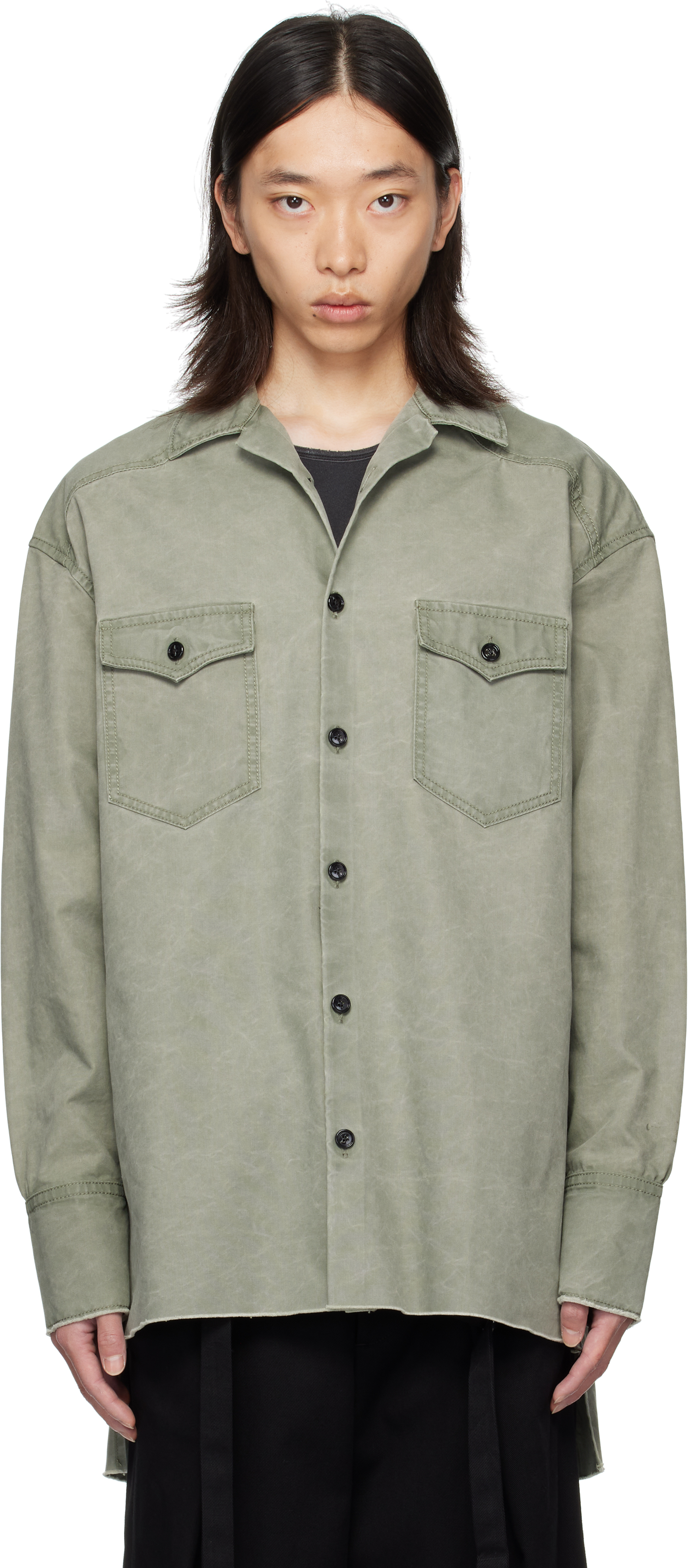 Ann Demeulemeester: Green Antoine High Comfort Long Shirt | SSENSE