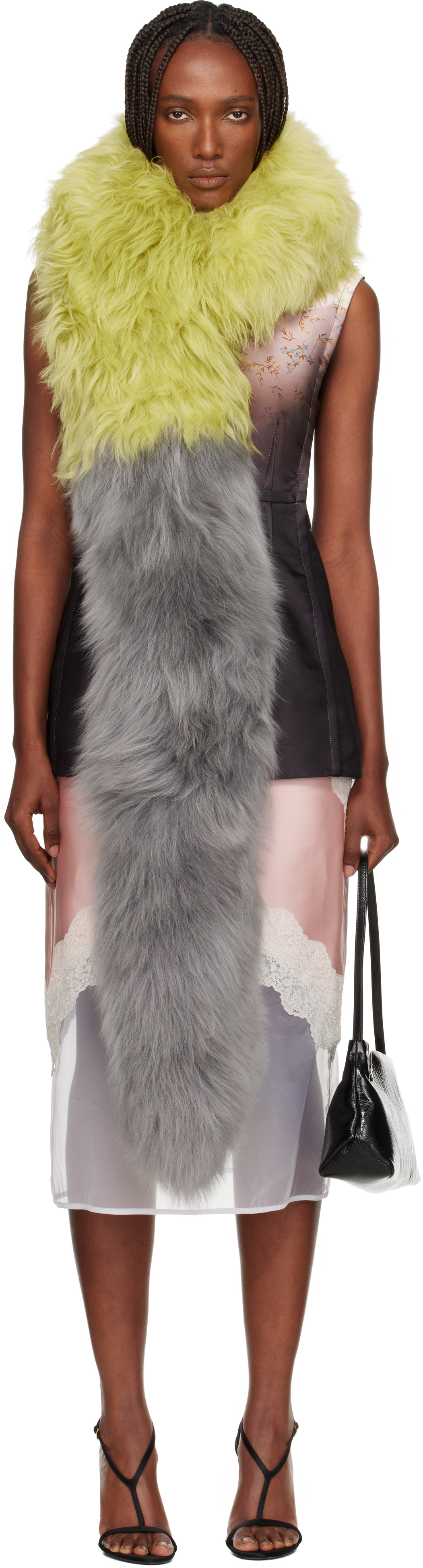 Green & Gray Bicolor Lamb Fur Scarf by Marni on Sale