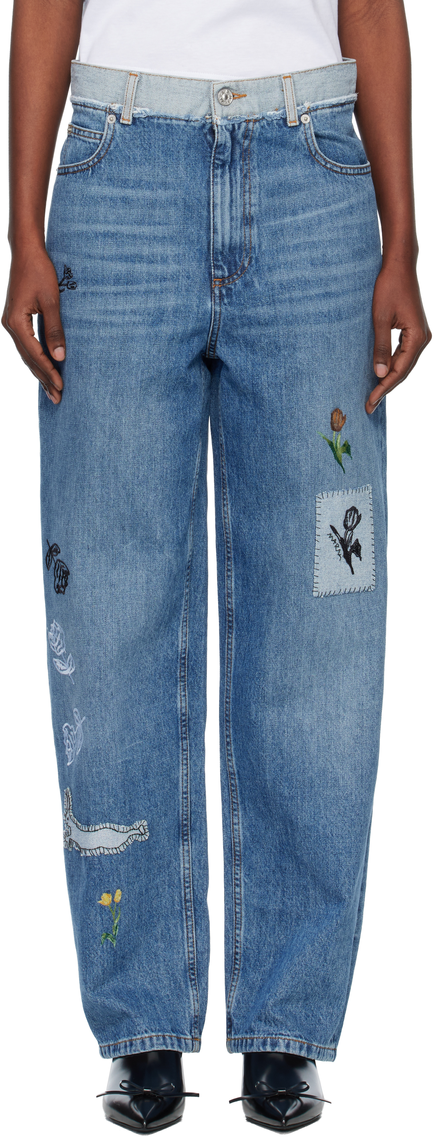 Marni 5 Pockets Denim Jeans With Embroidered Front In Animal Print