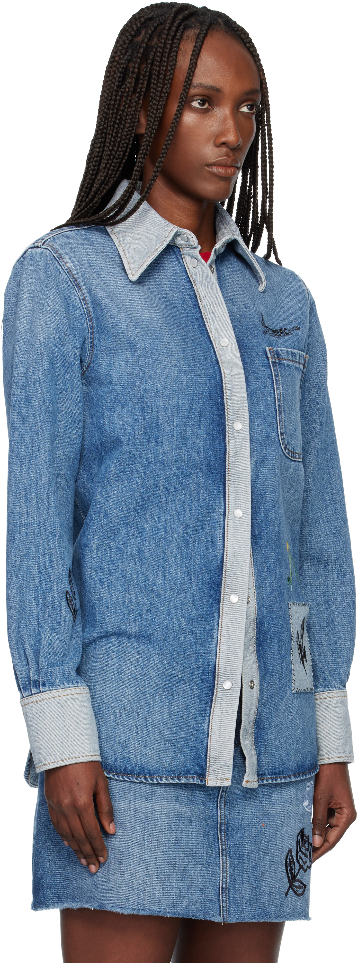 Marni Blue Embroidered Denim Shirt In Multi