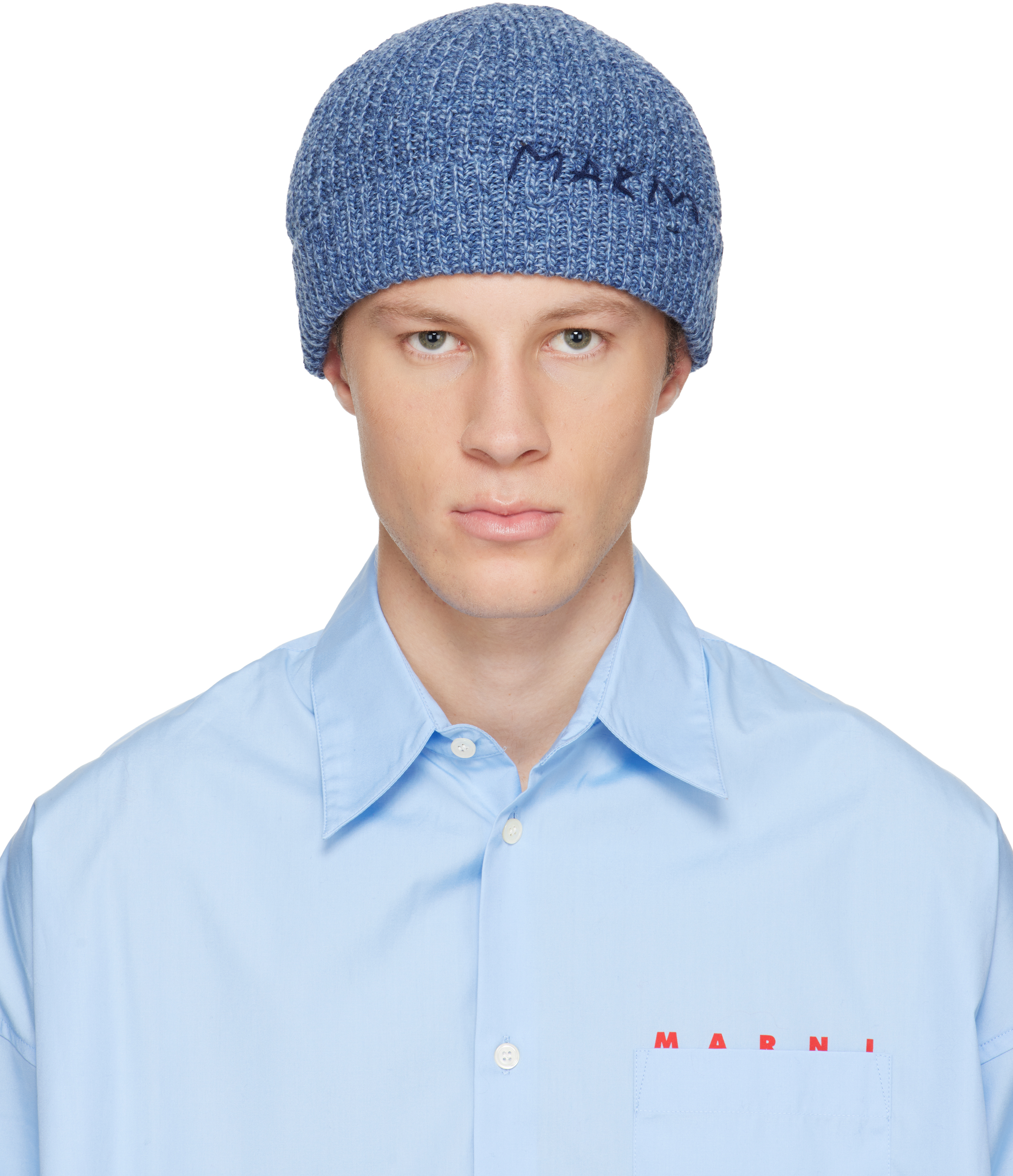 Marni Navy Wool Beanie In Blue