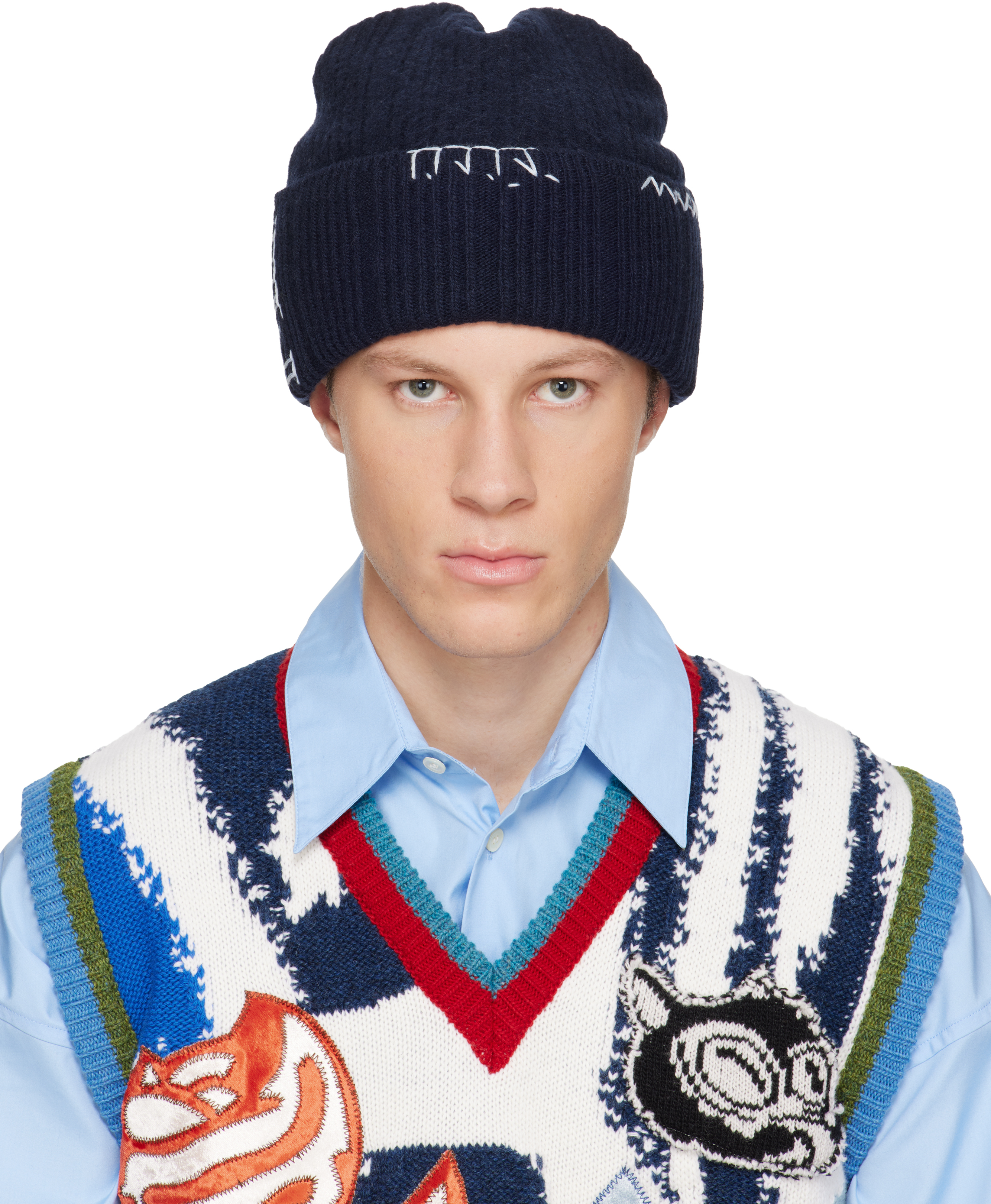 Marni Navy Wool-cashmere Beanie In Multi