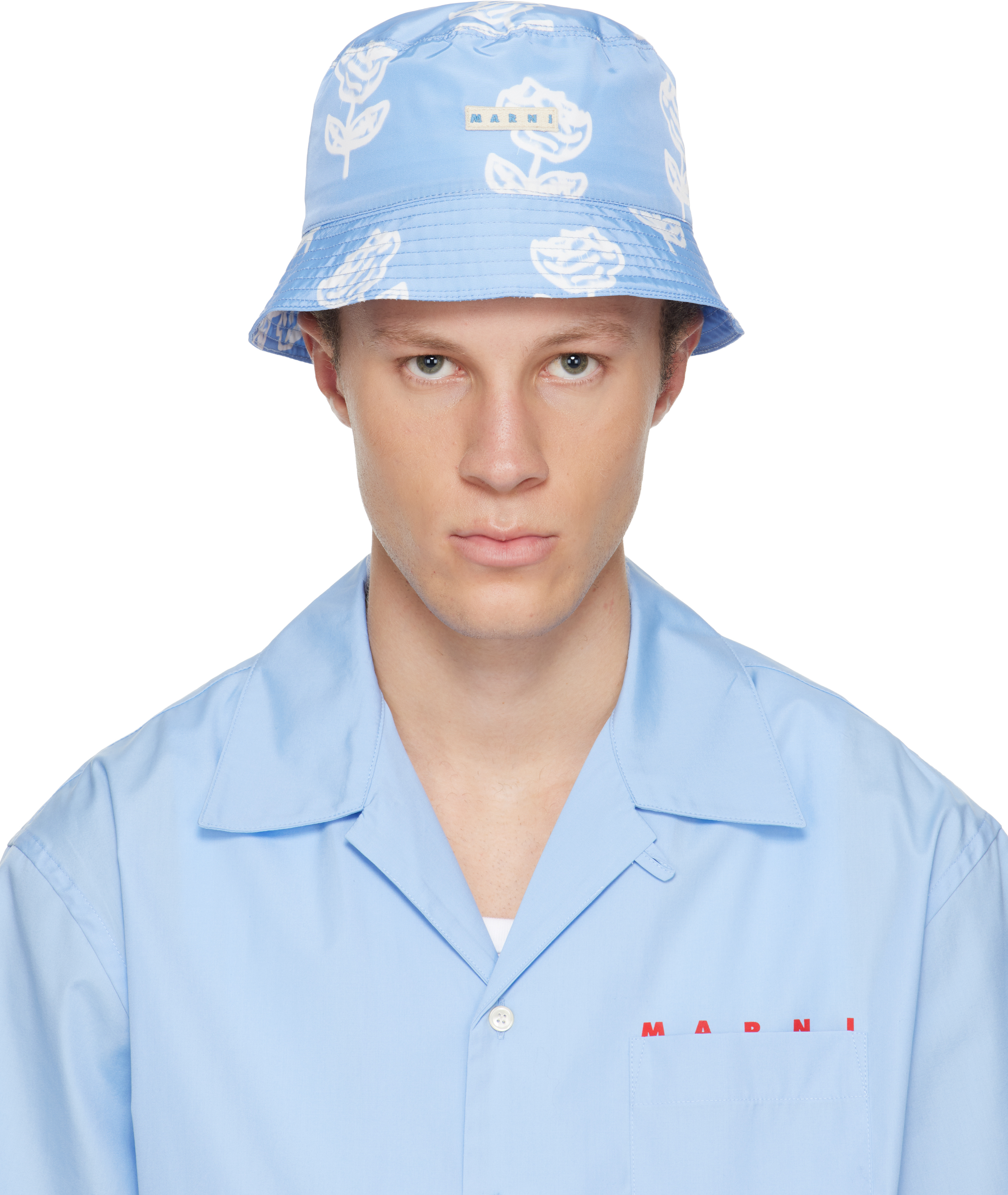 Marni Blue Sprayed Roses Print Taffeta Bucket Hat