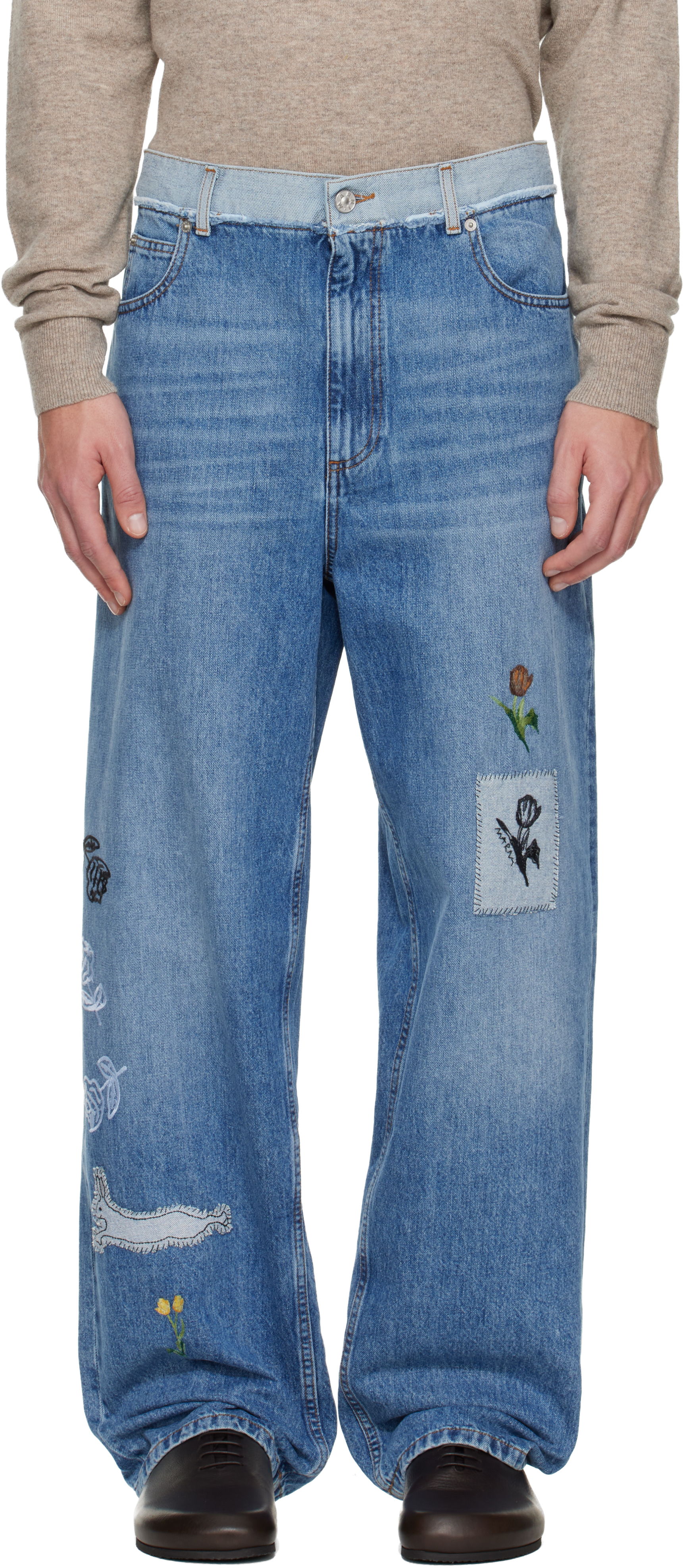 Marni Blue Embroidered Jeans In Pink