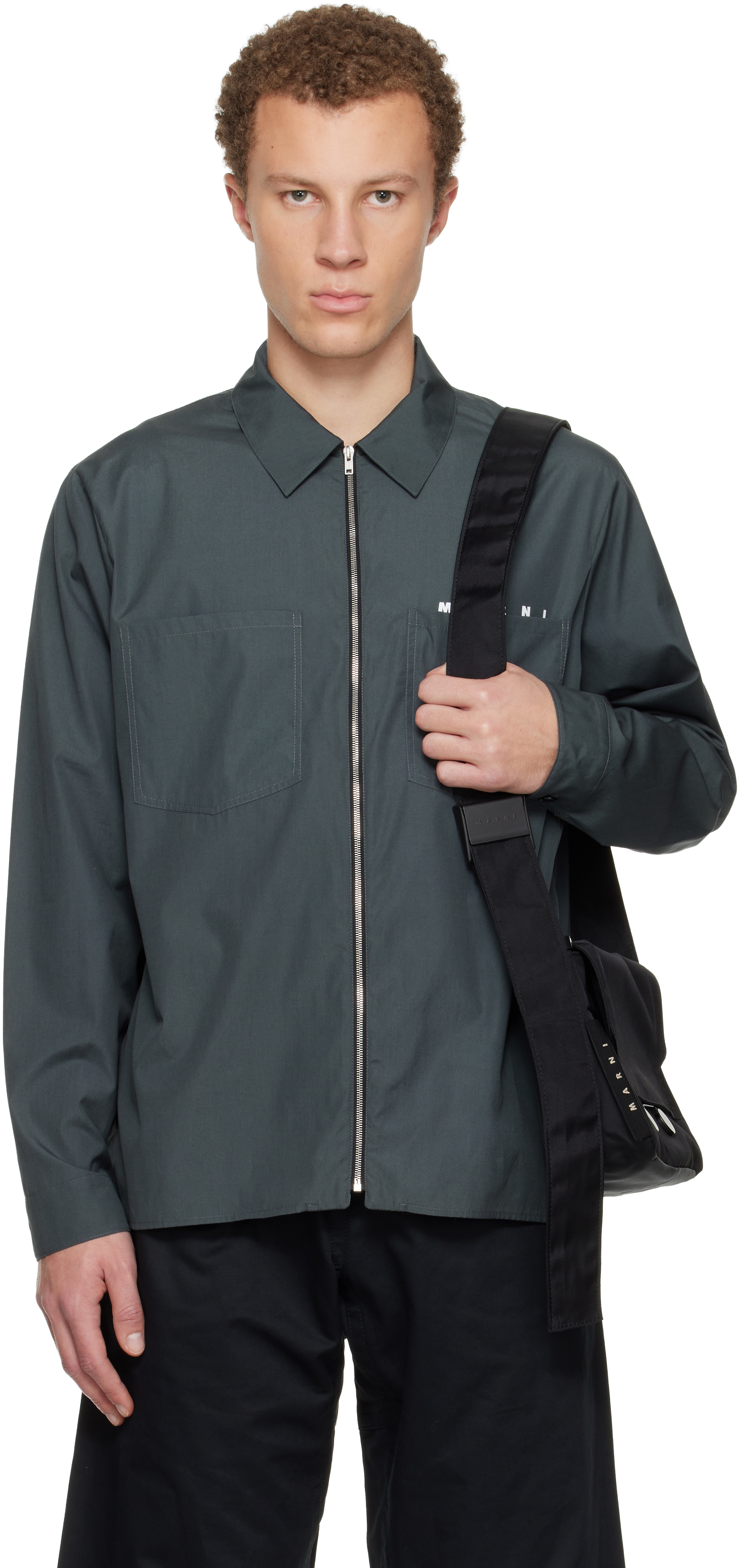 Marniのグレー Hidden Logo オーガニックポプリン ジッパー シャツが