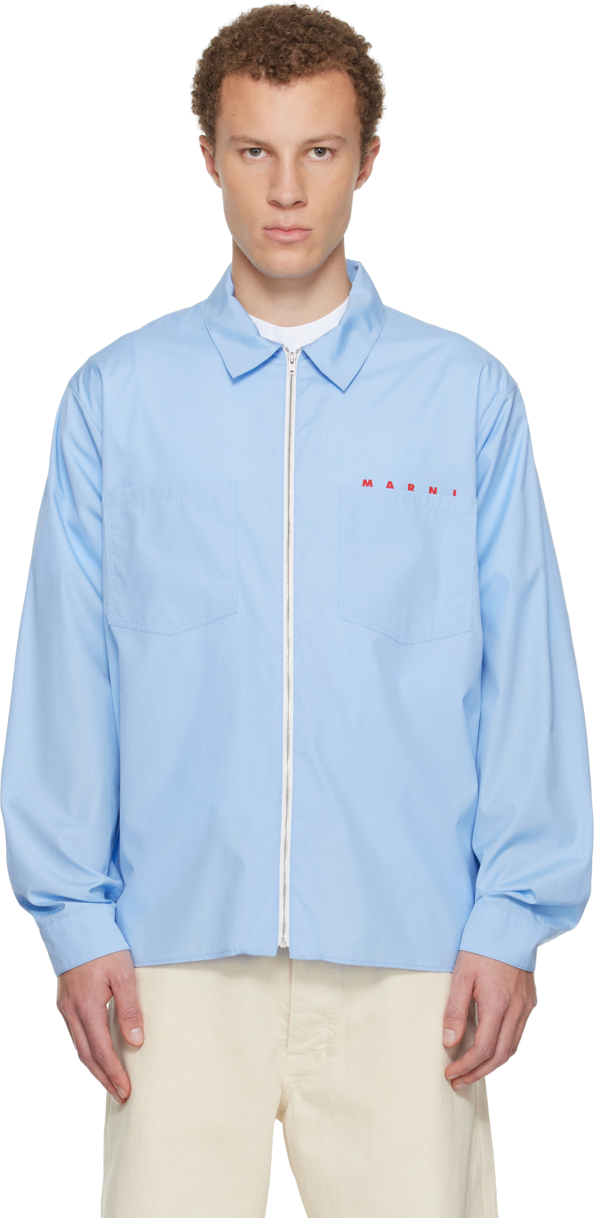 Marni: Blue Hidden Logo Organic Poplin Zip Shirt | SSENSE