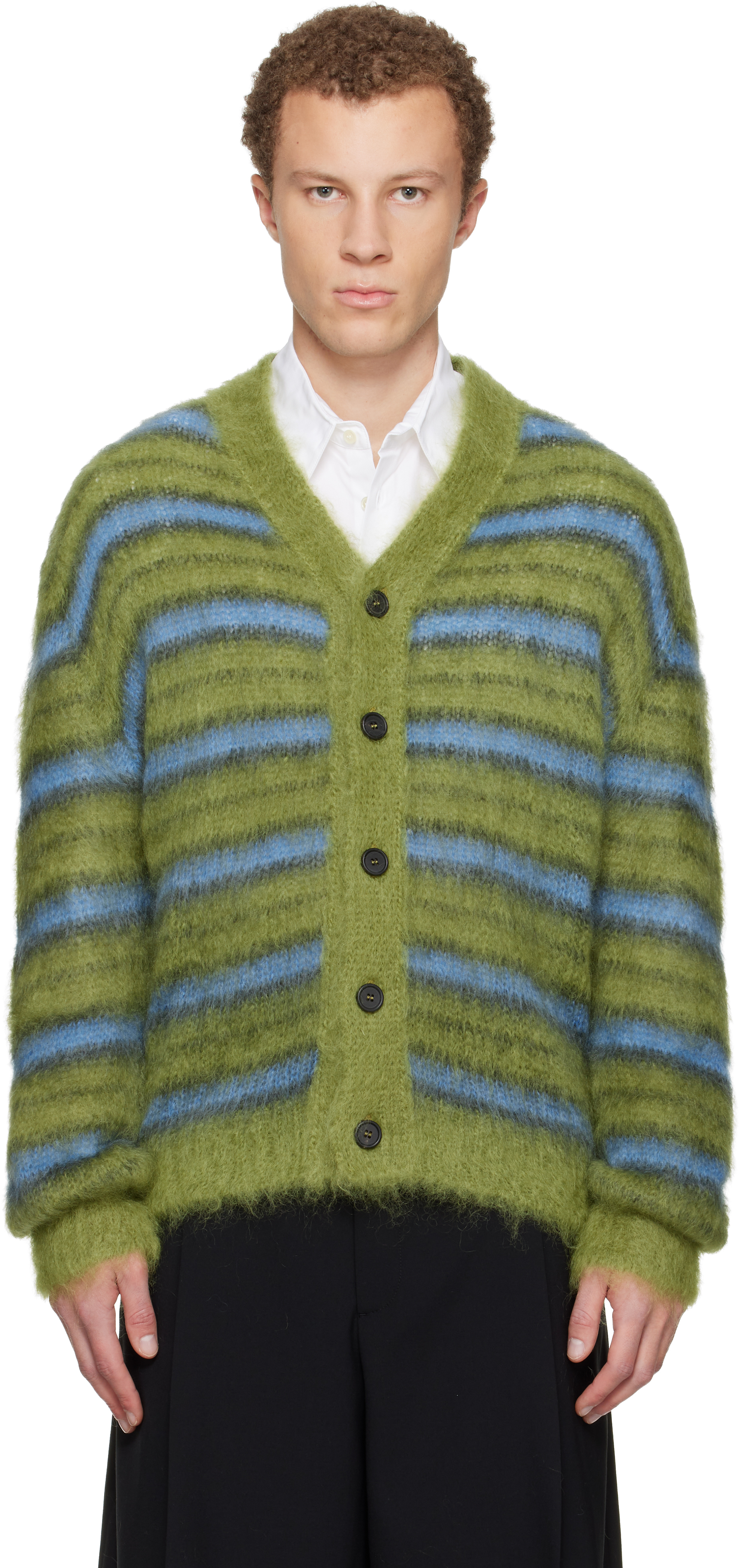 Green & Blue Fuzzy Wuzzy Stripe V-Neck Cardigan by Marni on Sale