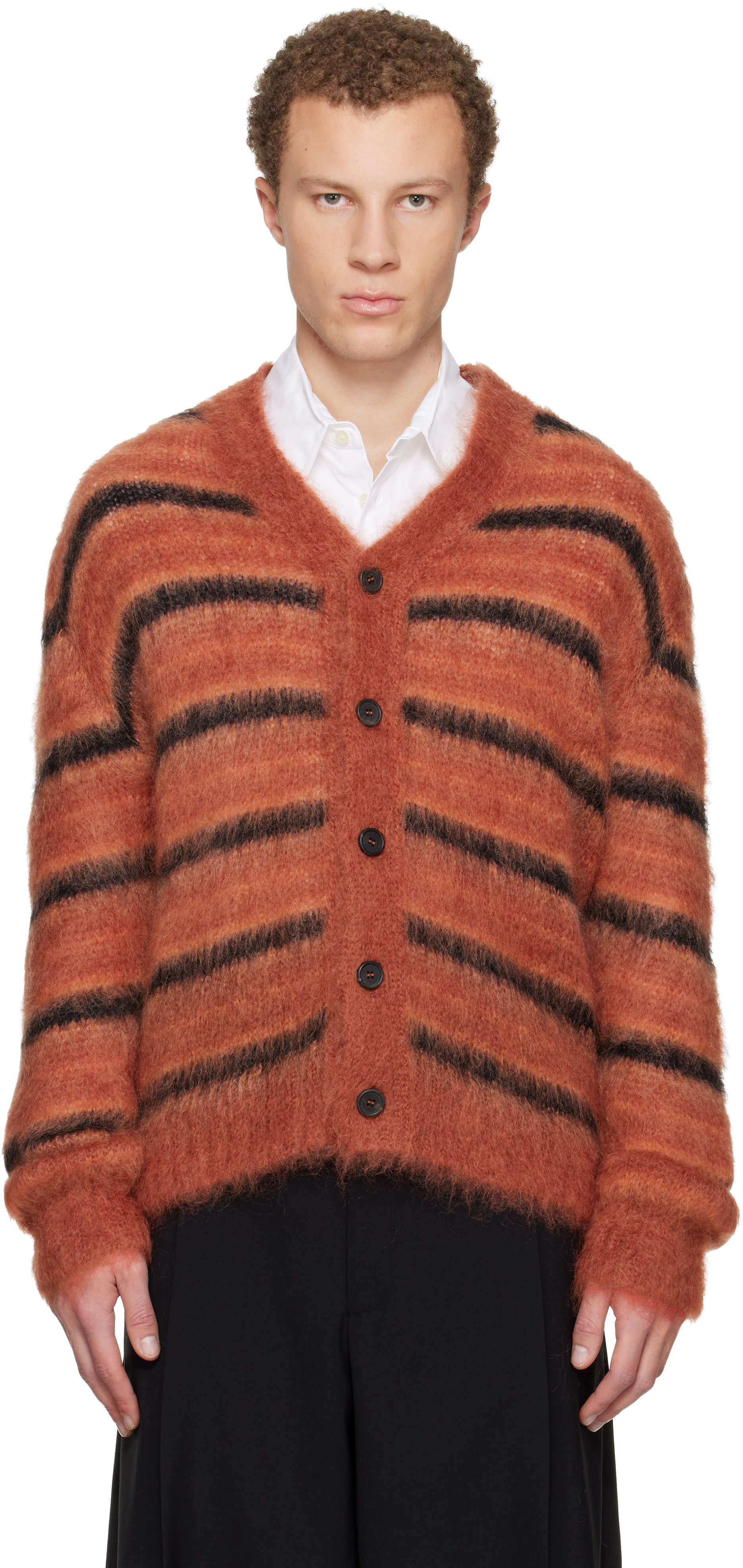 Marni: Red & Black Fuzzy Wuzzy Stripe V-Neck Cardigan | SSENSE