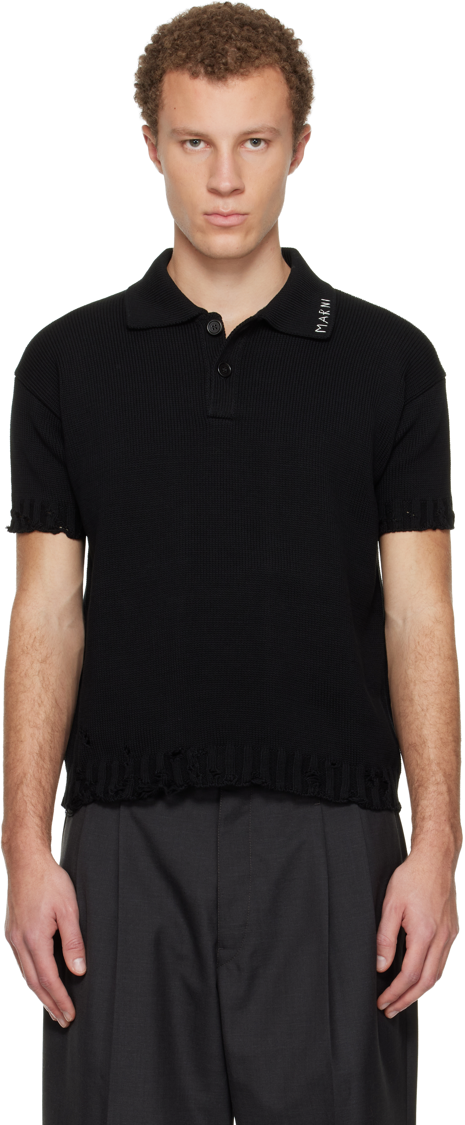 Marni Black Dishevelled Cotton Polo In Multi