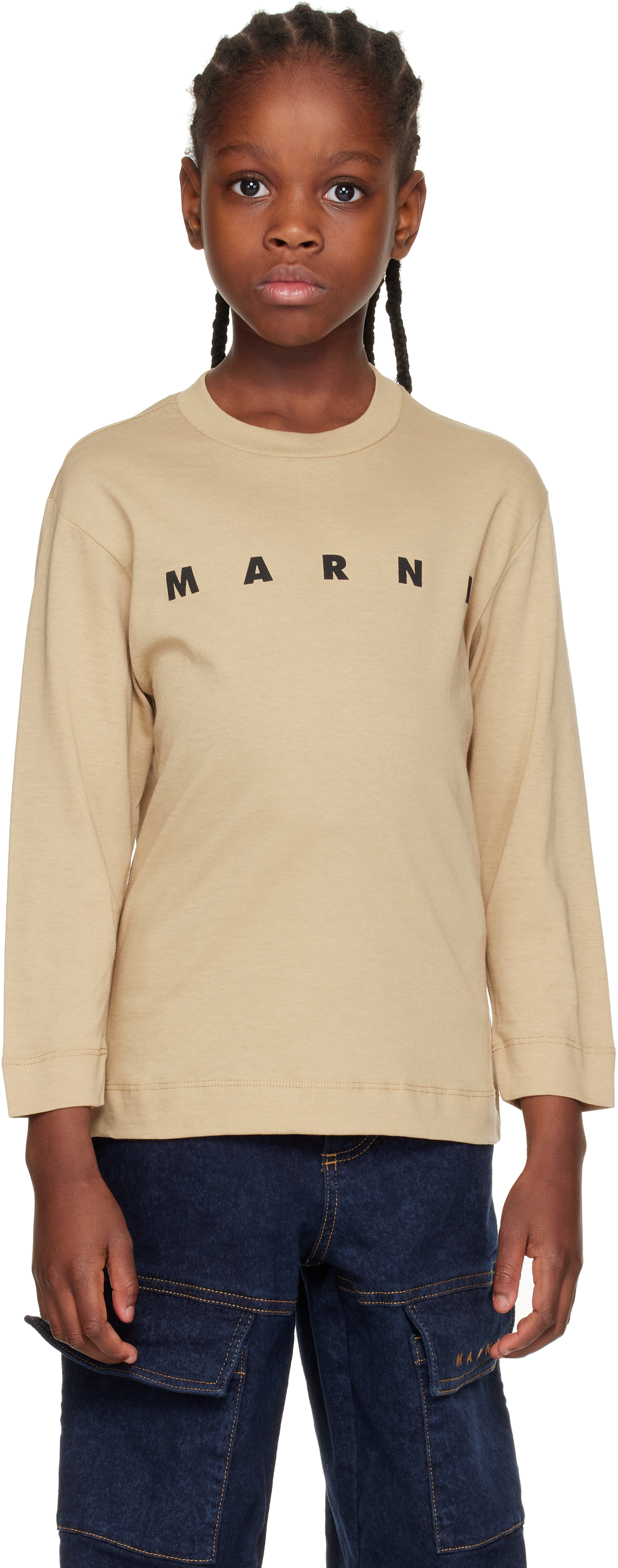Kids Brown Cotton Logo Long Sleeve T-shirt by Marni on Sale