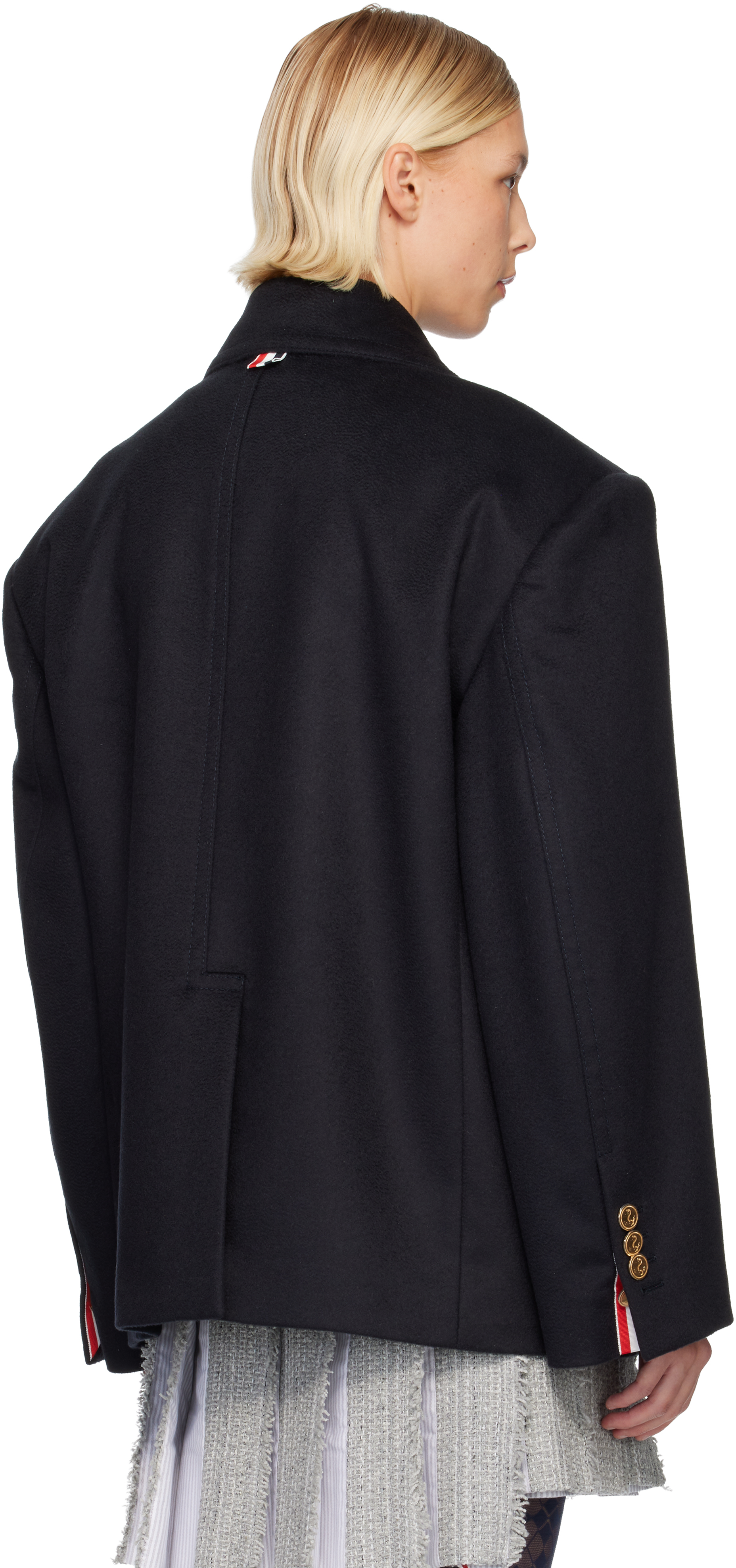 Thom Browne Navy Ziberline Finish Cashmere Oversized Pea Coat In Blue