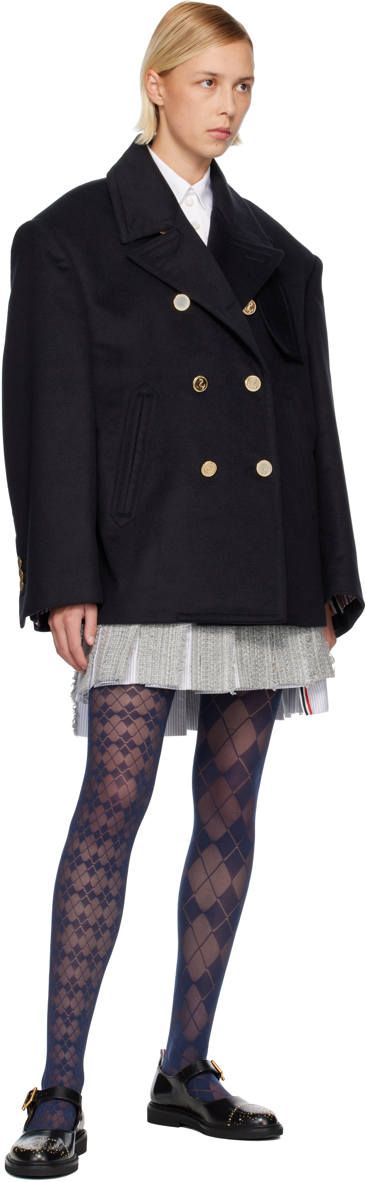 Thom Browne Navy Ziberline Finish Cashmere Oversized Pea Coat In Blue