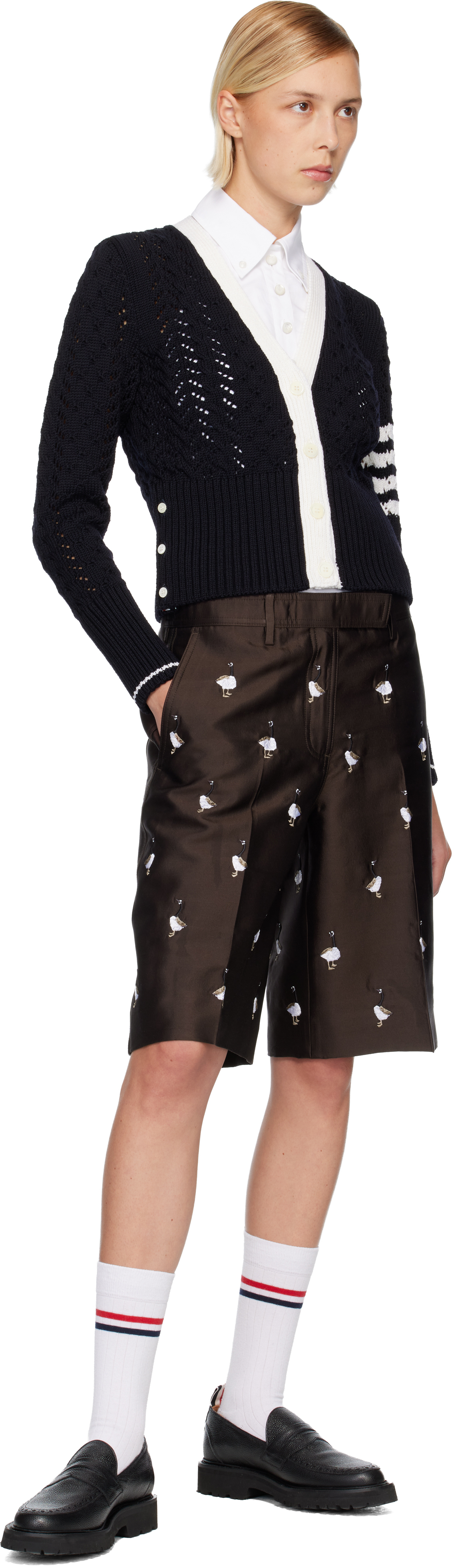 Thom Browne Brown Silk Goose Wide Leg Shorts In Brown