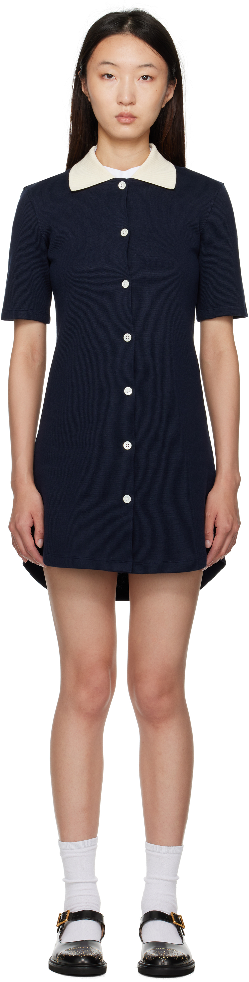 Navy Solid Double Face Knit Polo Minidress