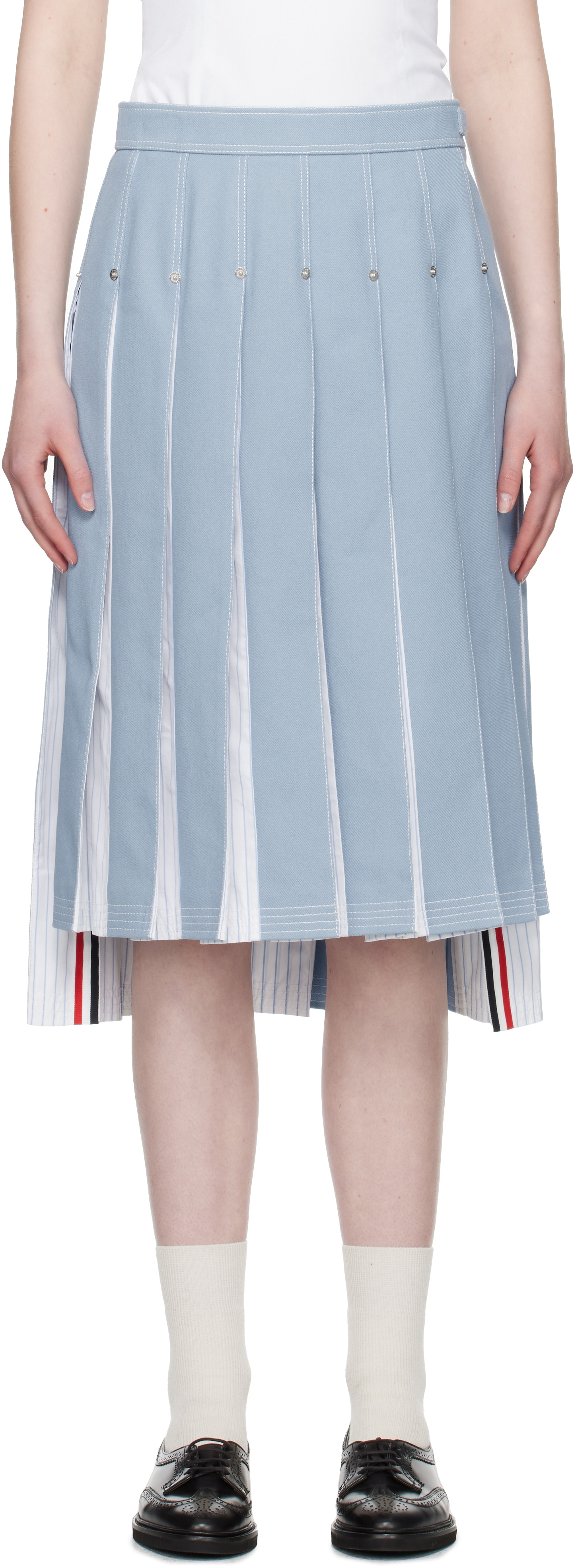 THOM BROWNE BLUE PLEATED DENIM MIDI SKIRT 