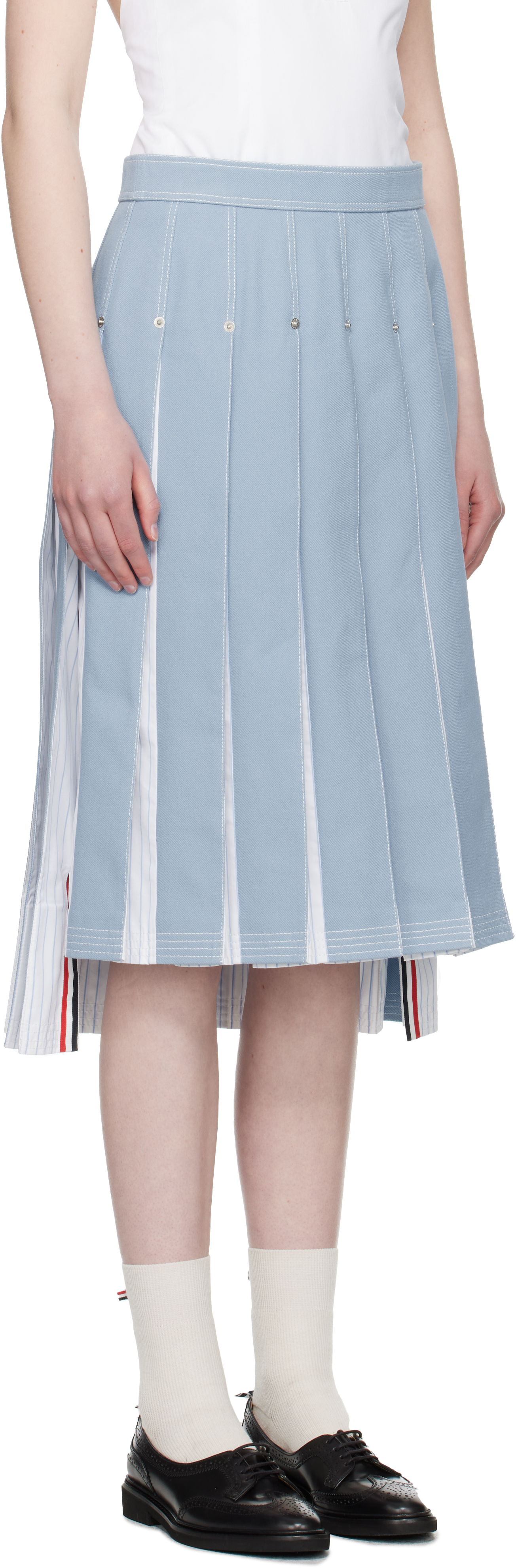 THOM BROWNE BLUE PLEATED DENIM MIDI SKIRT 