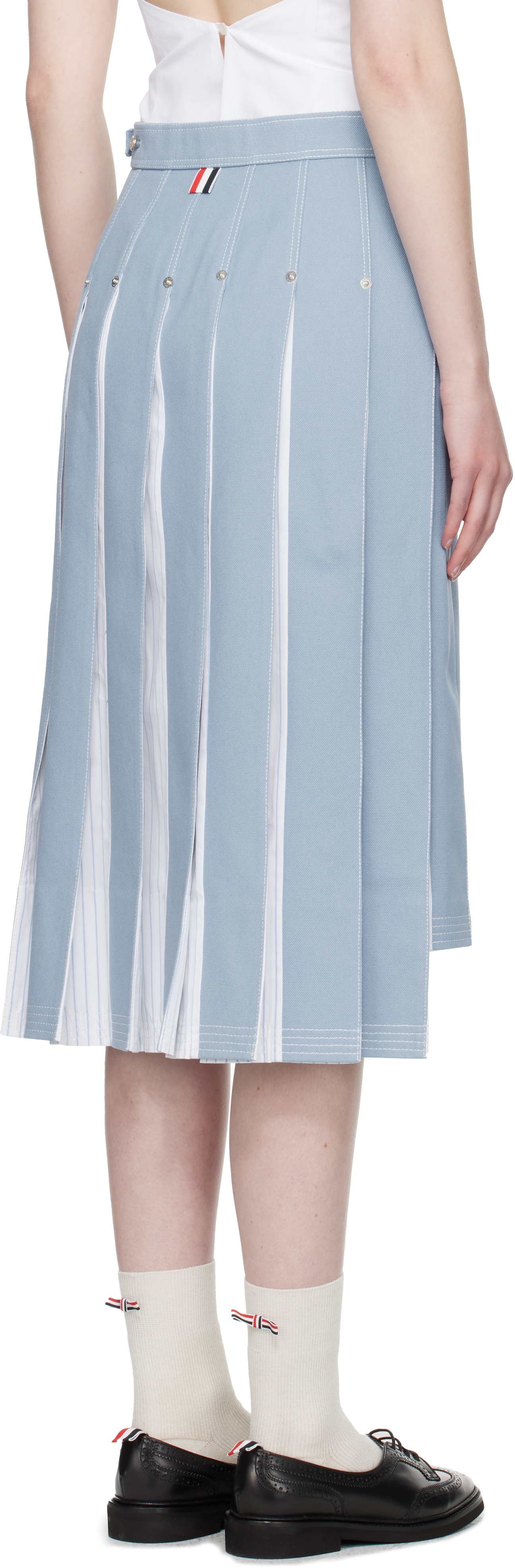 THOM BROWNE BLUE PLEATED DENIM MIDI SKIRT 