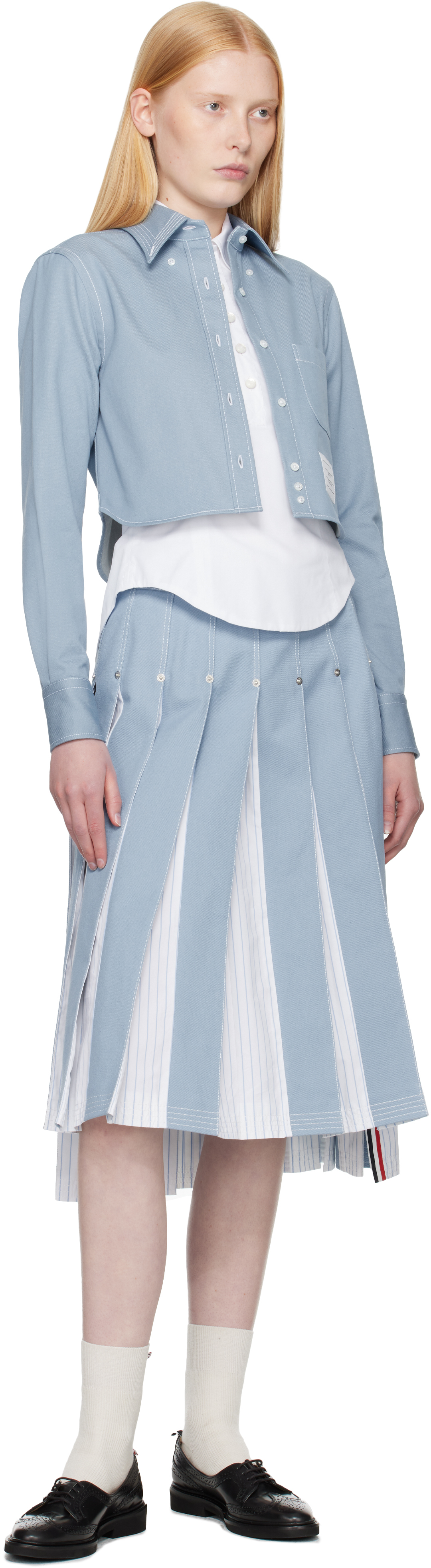 THOM BROWNE BLUE PLEATED DENIM MIDI SKIRT 