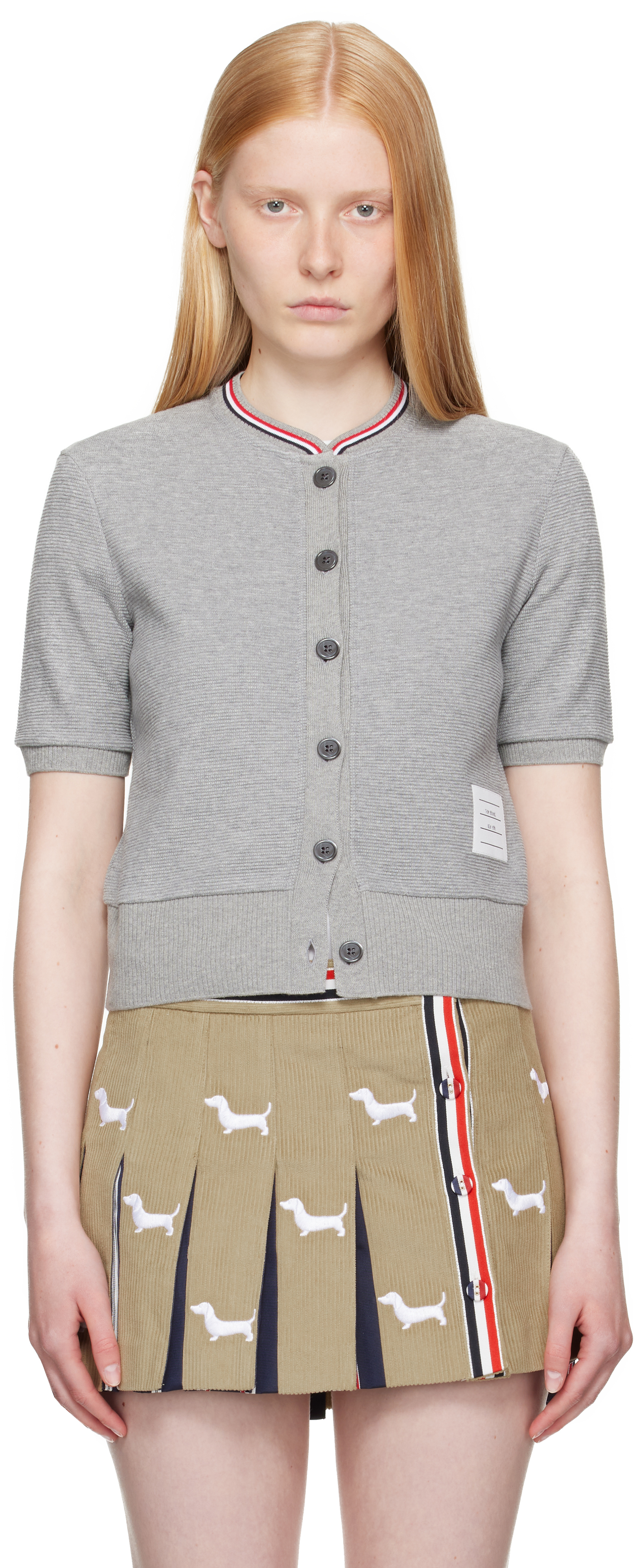 Thom Browne Gray Cotton Waffle Short Sleeve Cardigan In Multi