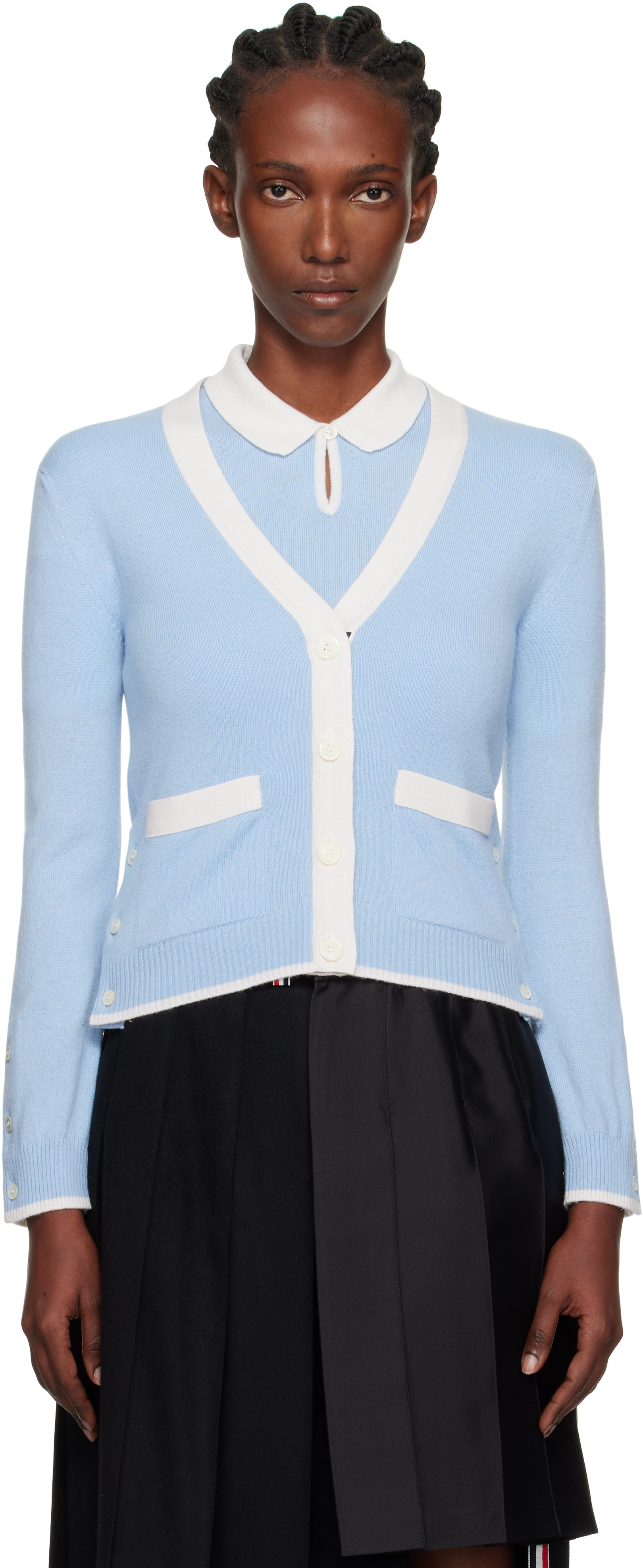 thom browne 水色 カーディガン Blue Jersey Stitch Cashmere V-Neck Cardigan by Thom Browne on Sale