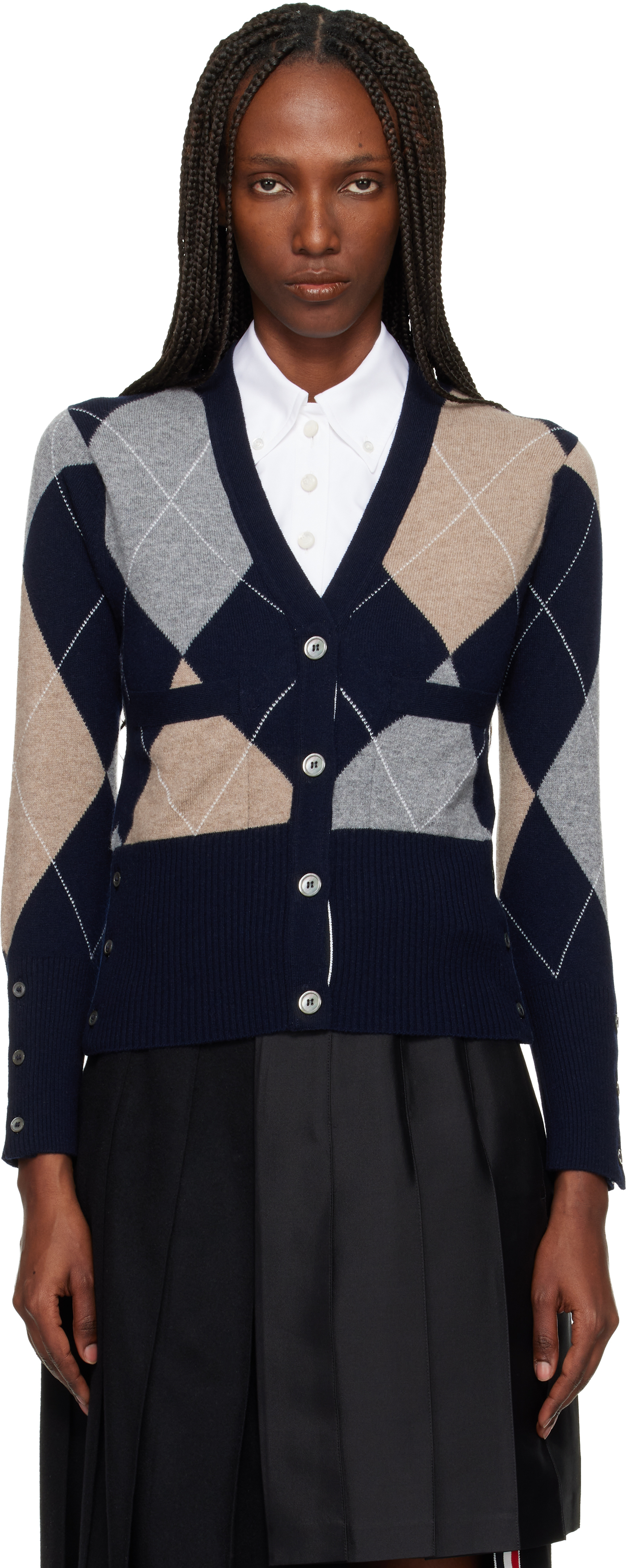 Navy Argyle Intarsia Cashmere V Neck Cardigan by Thom Browne on Sale