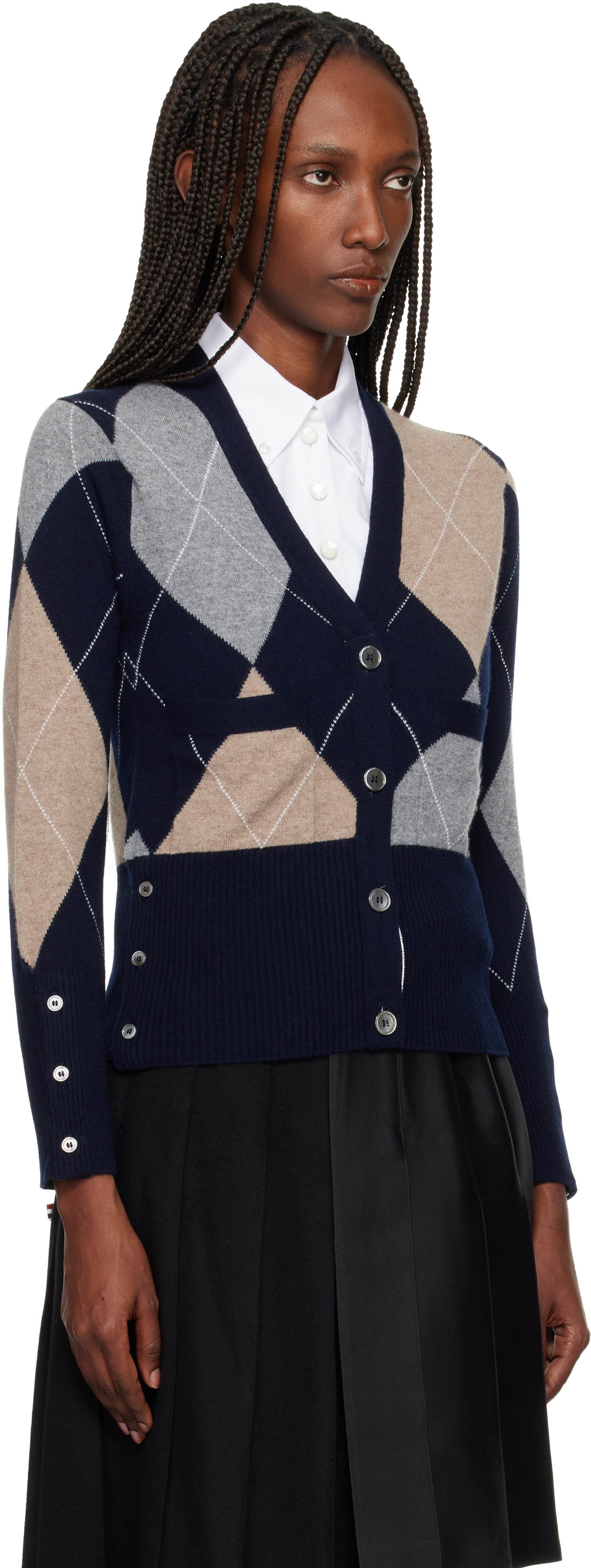 Thom Browne Navy Argyle Intarsia Cashmere V Neck Cardigan In Blue