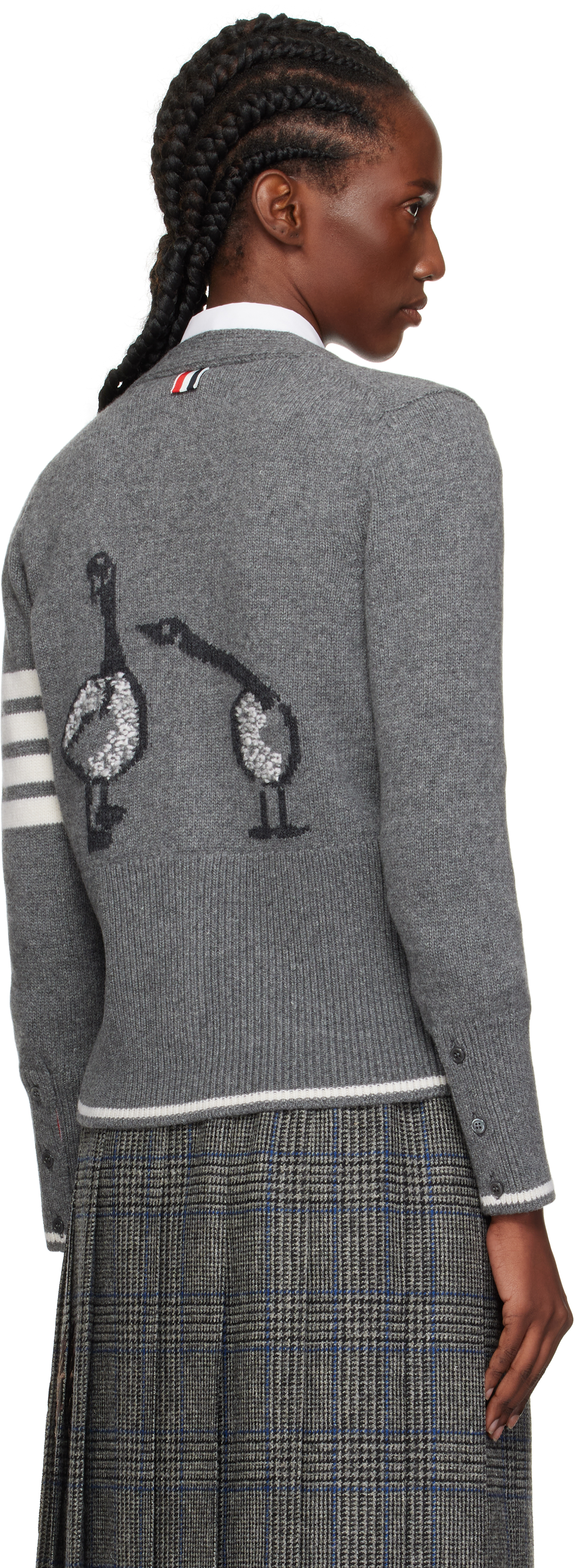 Thom Browne Gray Intarsia Geese 4-bar V-neck Cardigan In Gray