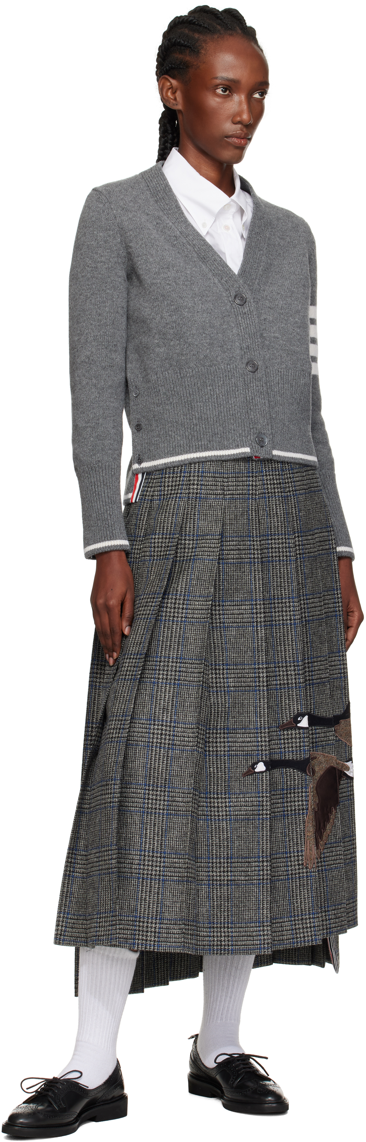 Thom Browne Gray Intarsia Geese 4-bar V-neck Cardigan In Gray