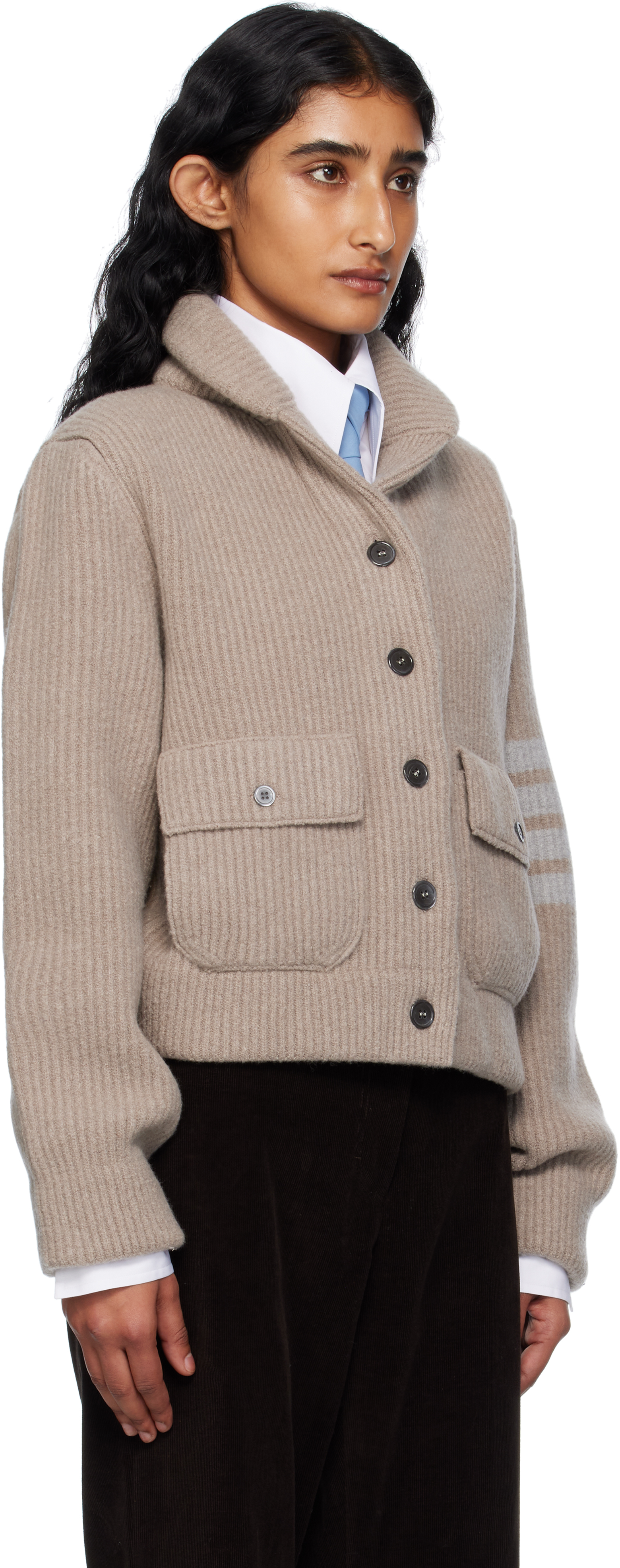 Thom Browne Beige Boiled Merino Wool 4-bar Bomber Cardigan In Brown