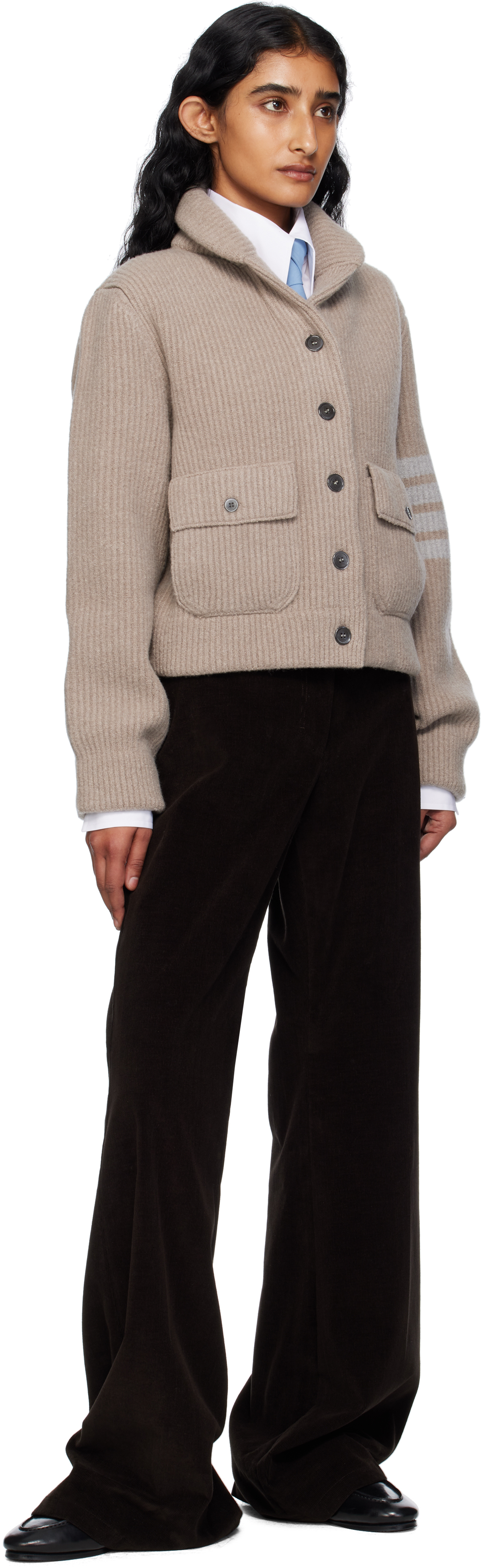 Thom Browne Beige Boiled Merino Wool 4-bar Bomber Cardigan In Brown