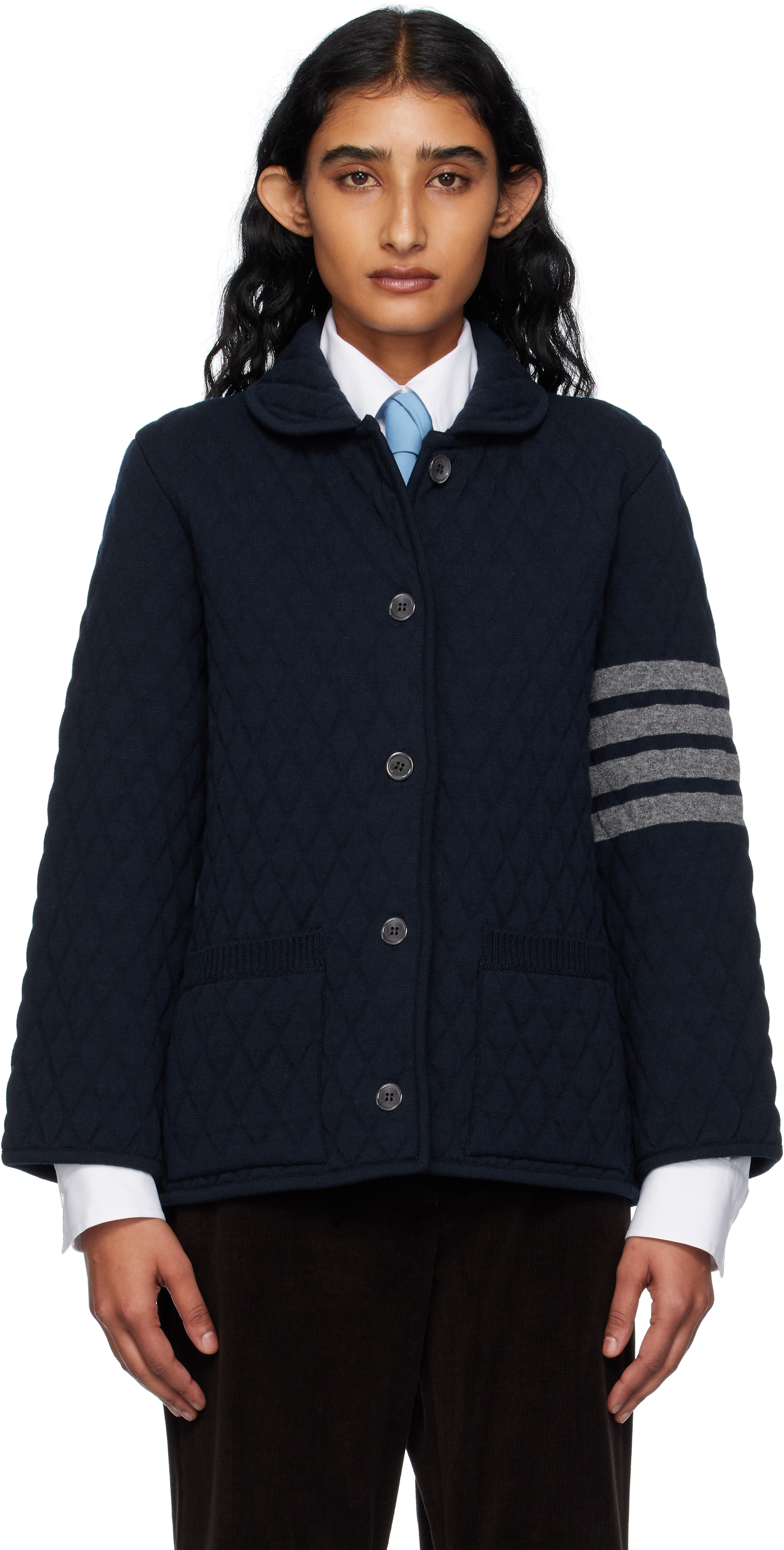 Thom Browne Navy Quilted Knit Merino Wool 4-bar Work Jacket In Blue