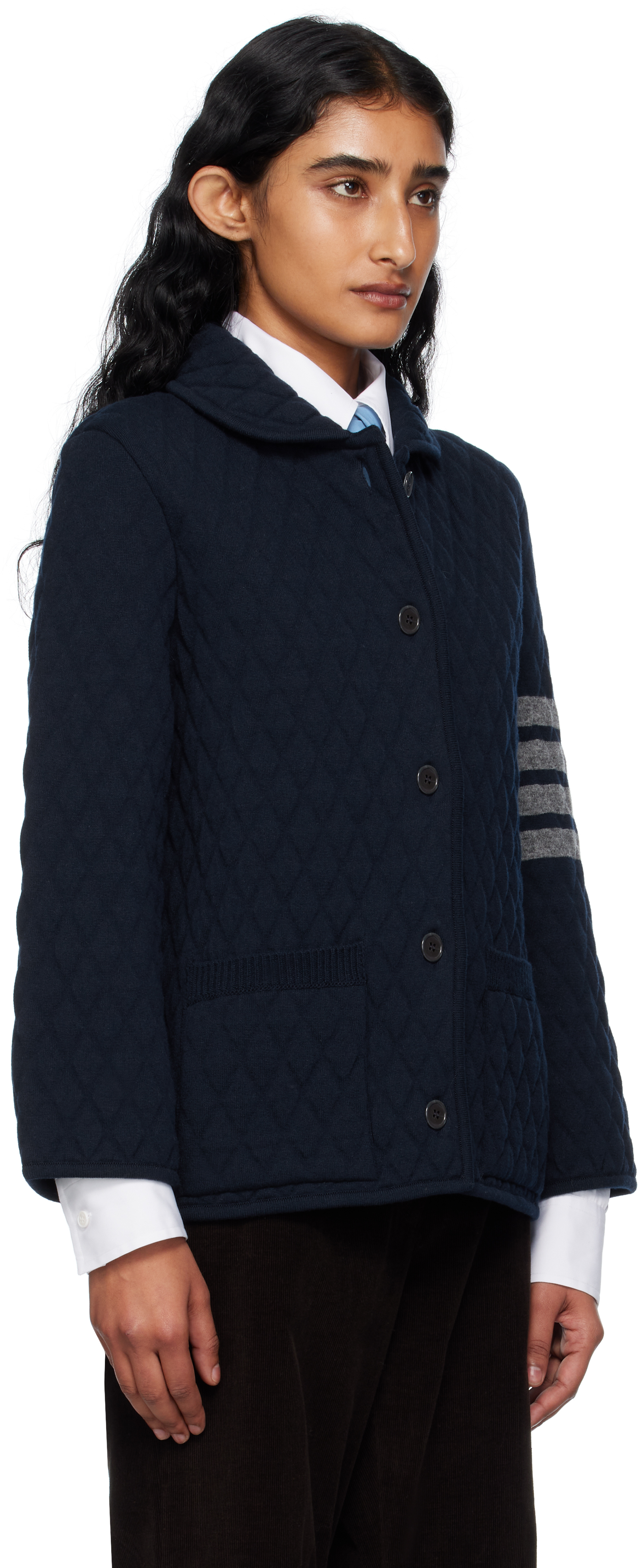 Thom Browne Navy Quilted Knit Merino Wool 4-bar Work Jacket In Blue