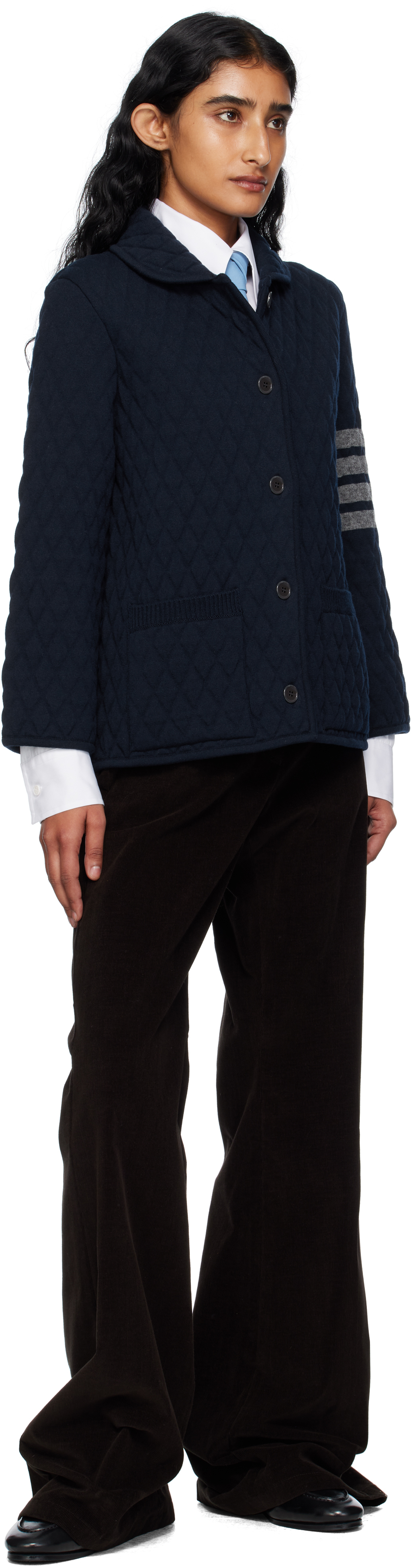 Thom Browne Navy Quilted Knit Merino Wool 4-bar Work Jacket In Blue